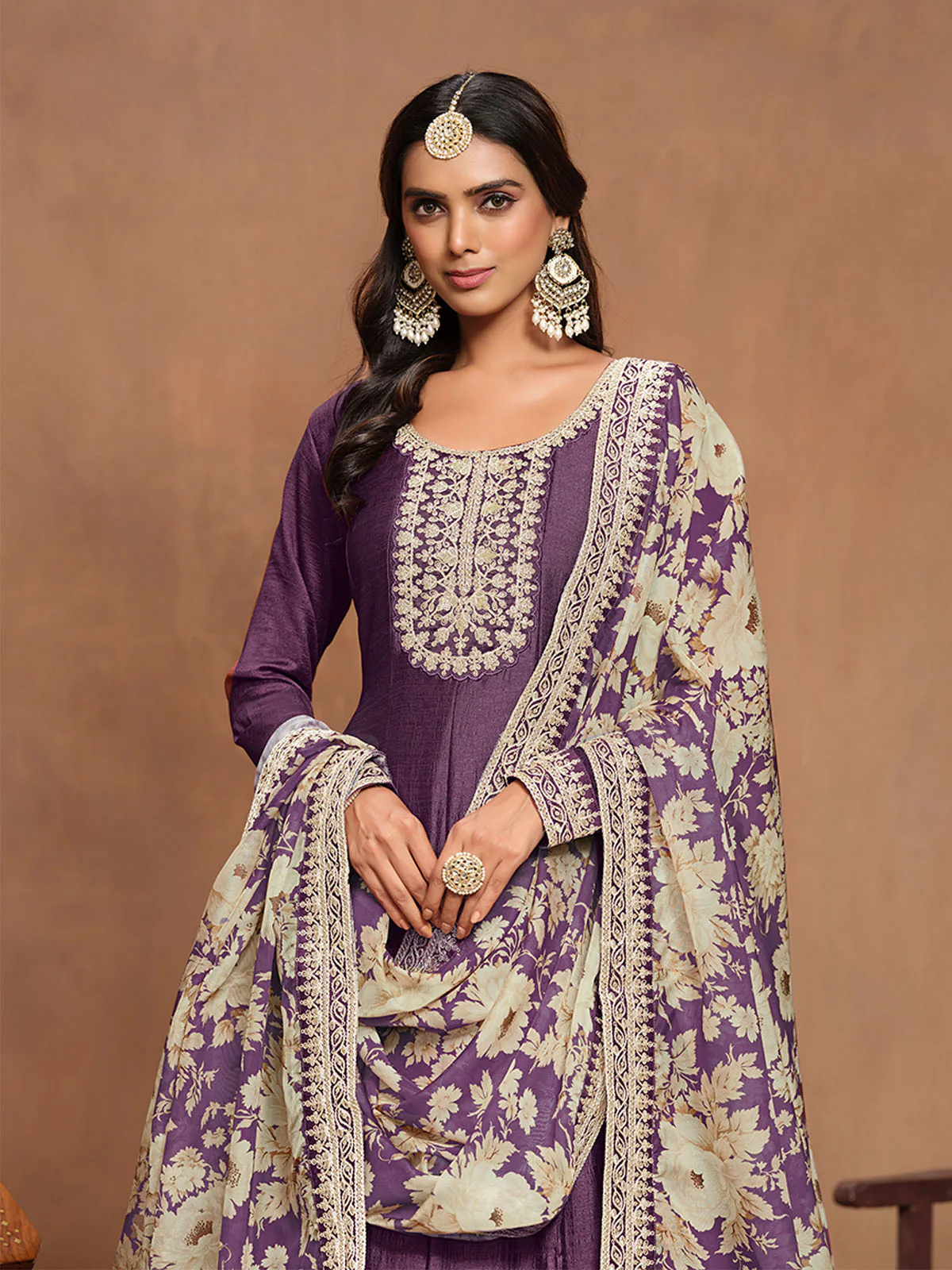 Odette Purple Embroidered Art Silk Semi Stitched Gown With Dupatta For Women - Image 3