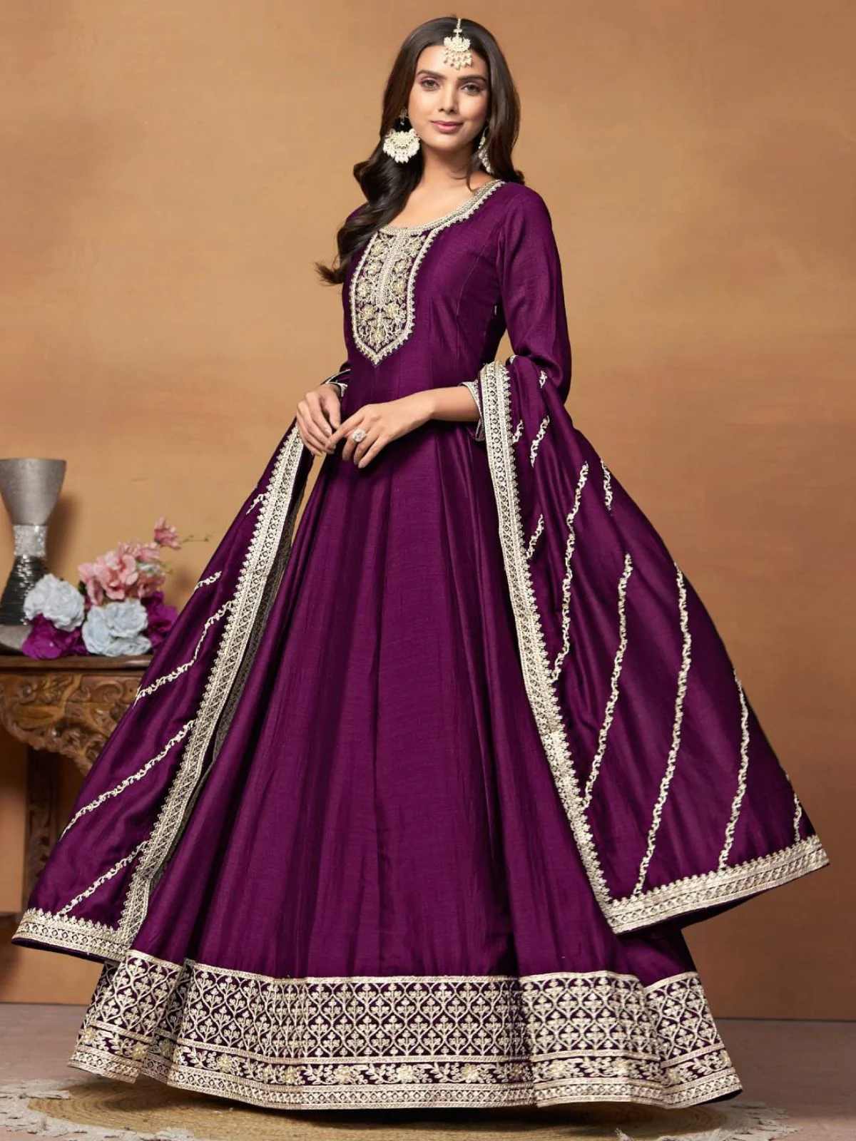 Odette Purple Embroidered Art Silk Unstitched Gown For Women - Image 2