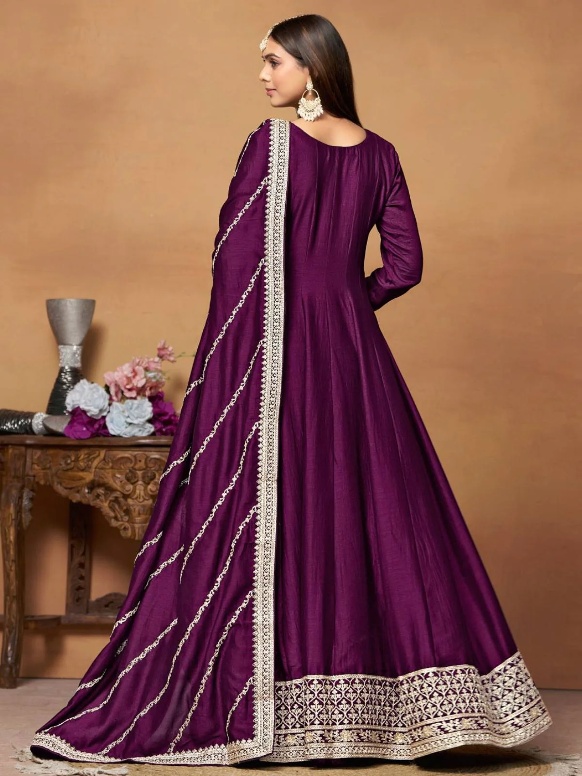 Odette Purple Embroidered Art Silk Unstitched Gown For Women - Image 4