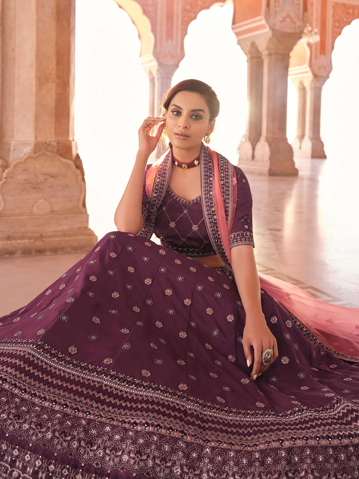 Odette Purple Embroidered Crepe Semi Stitched Lehenga With Blouse For Women - Image 2