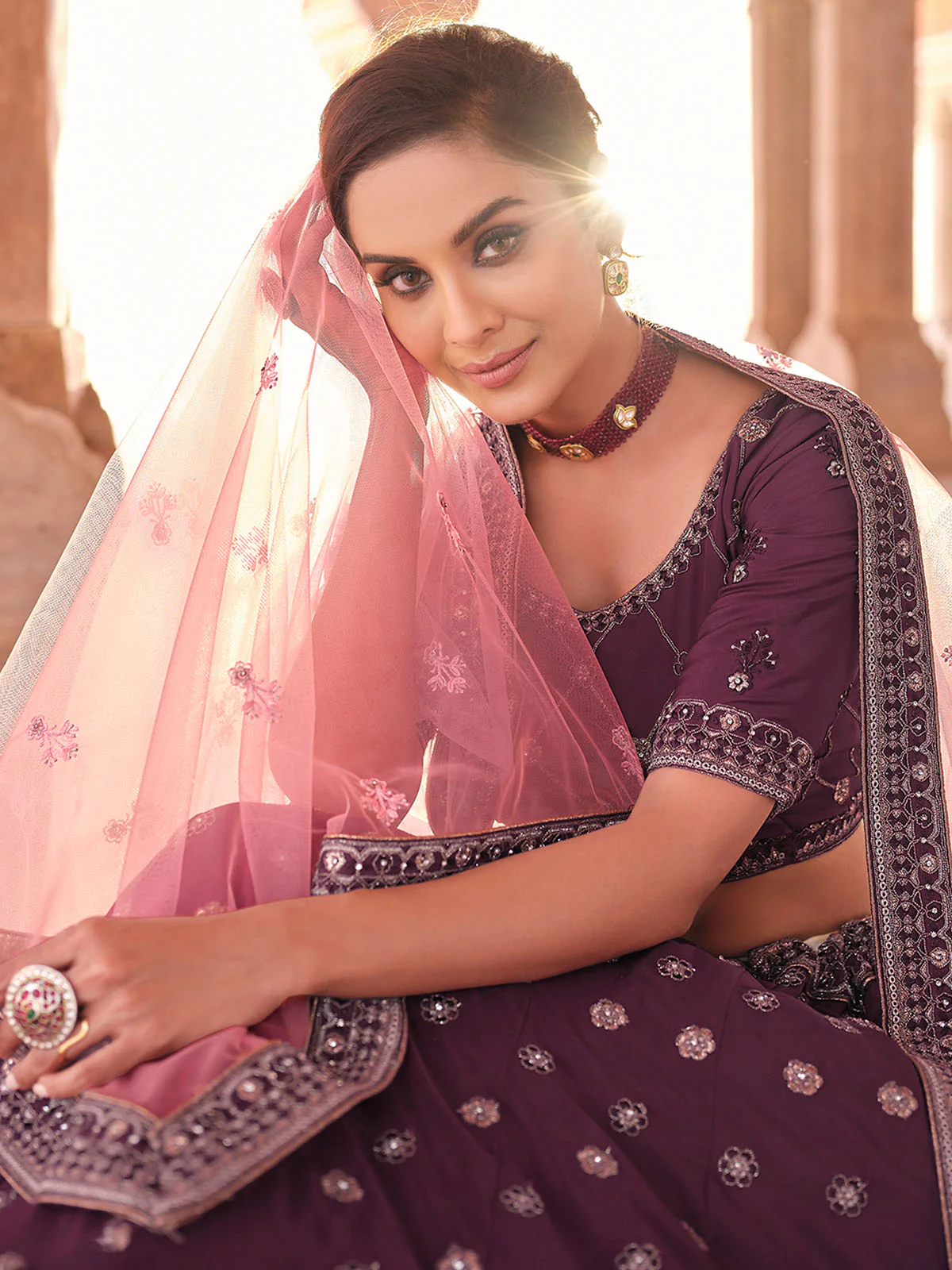 Odette Purple Embroidered Crepe Semi Stitched Lehenga With Blouse For Women - Image 4