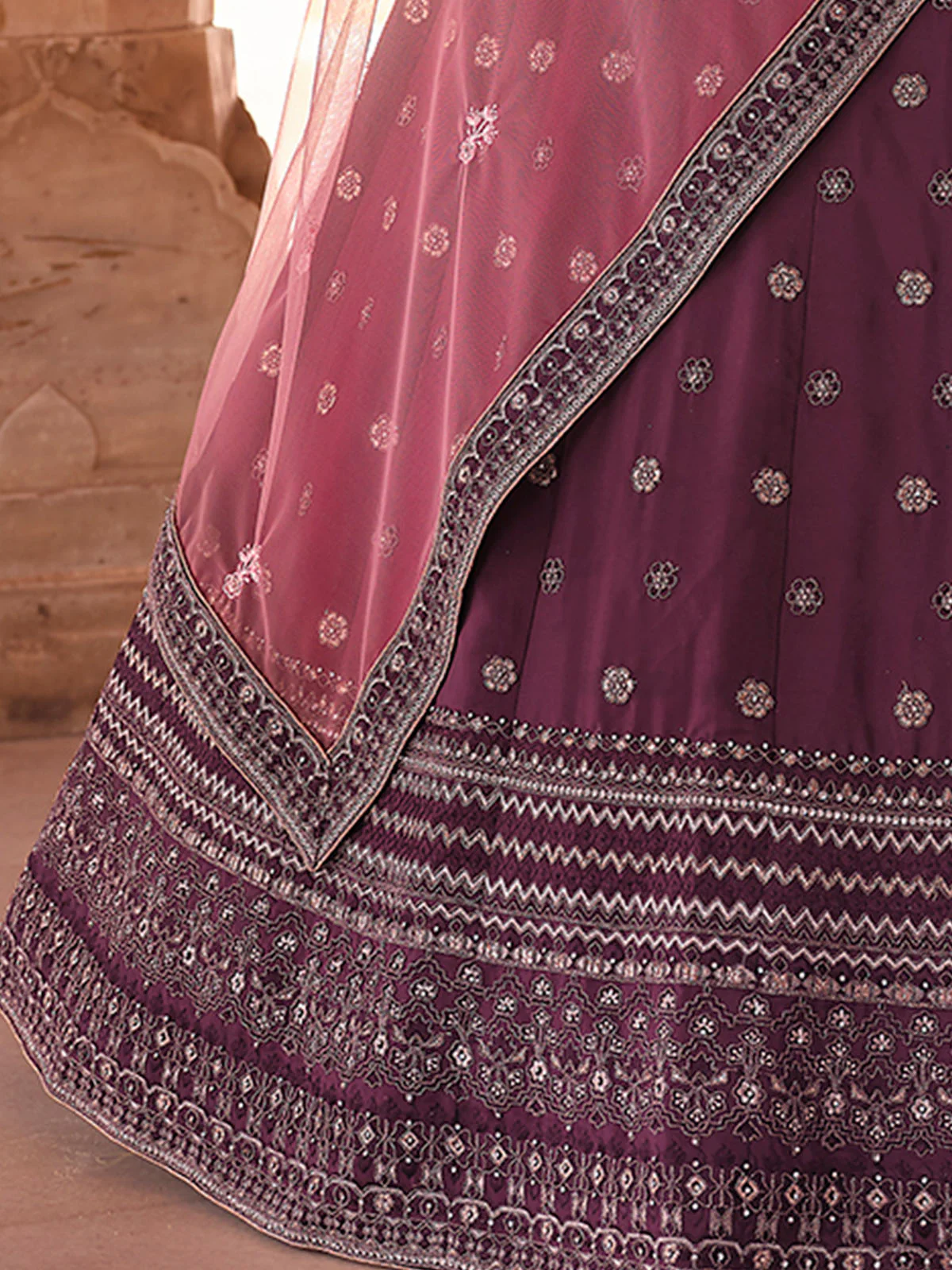 Odette Purple Embroidered Crepe Semi Stitched Lehenga With Blouse For Women - Image 5