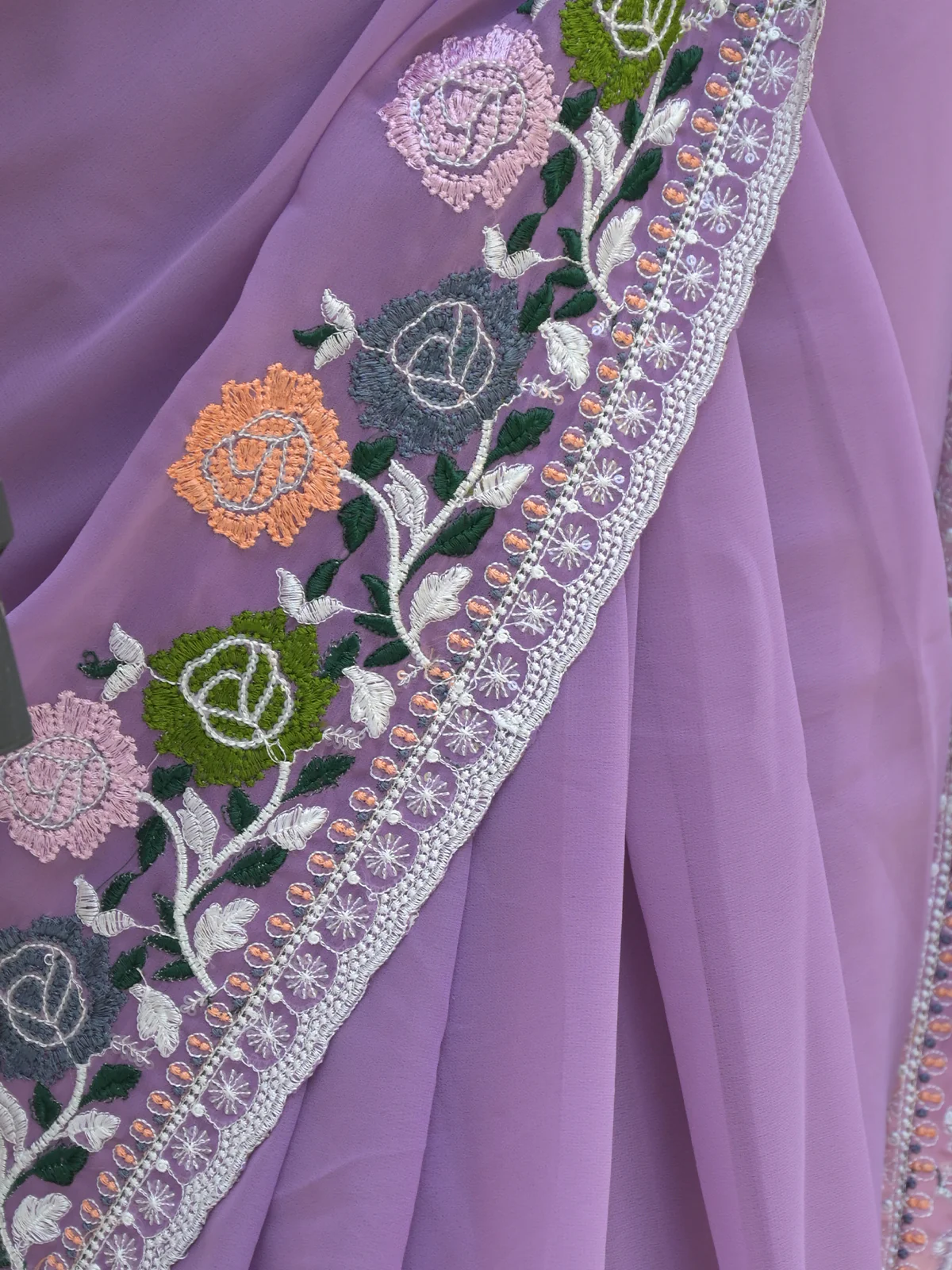 Odette Purple Embroidered Georgette Saree with Unstitched Blouse for Women - Image 5