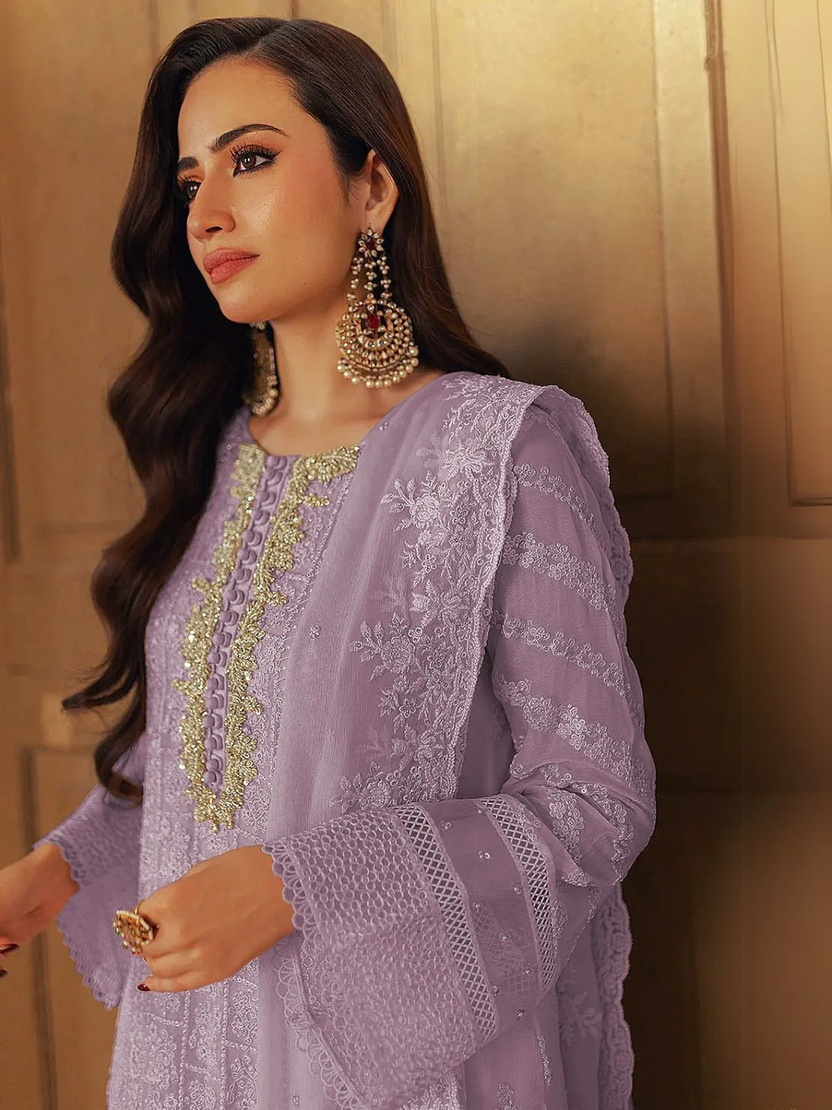Odette Purple Embroidered Georgette Semi-Stitched Kurta Set For Women - Image 2