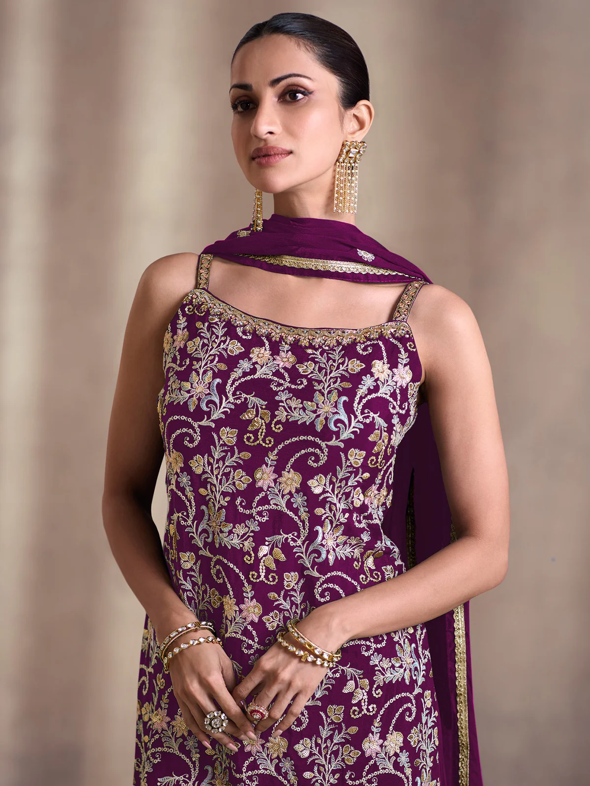 Odette Purple Embroidered Georgette Semi Stitched Salwar Suit For Women - Image 2