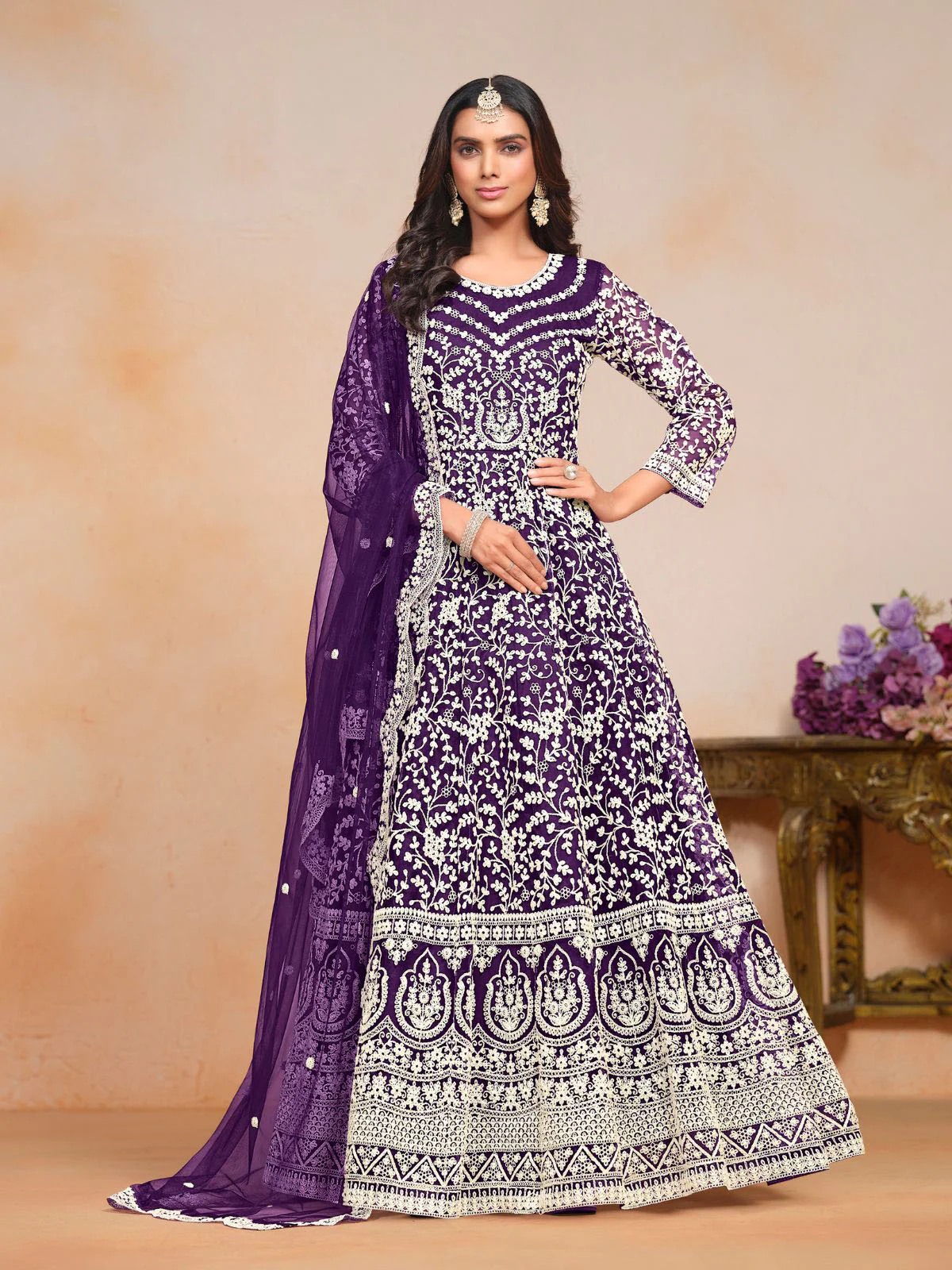Odette Purple Embroidered Net Semi Stitched Gown With Dupatta For Women