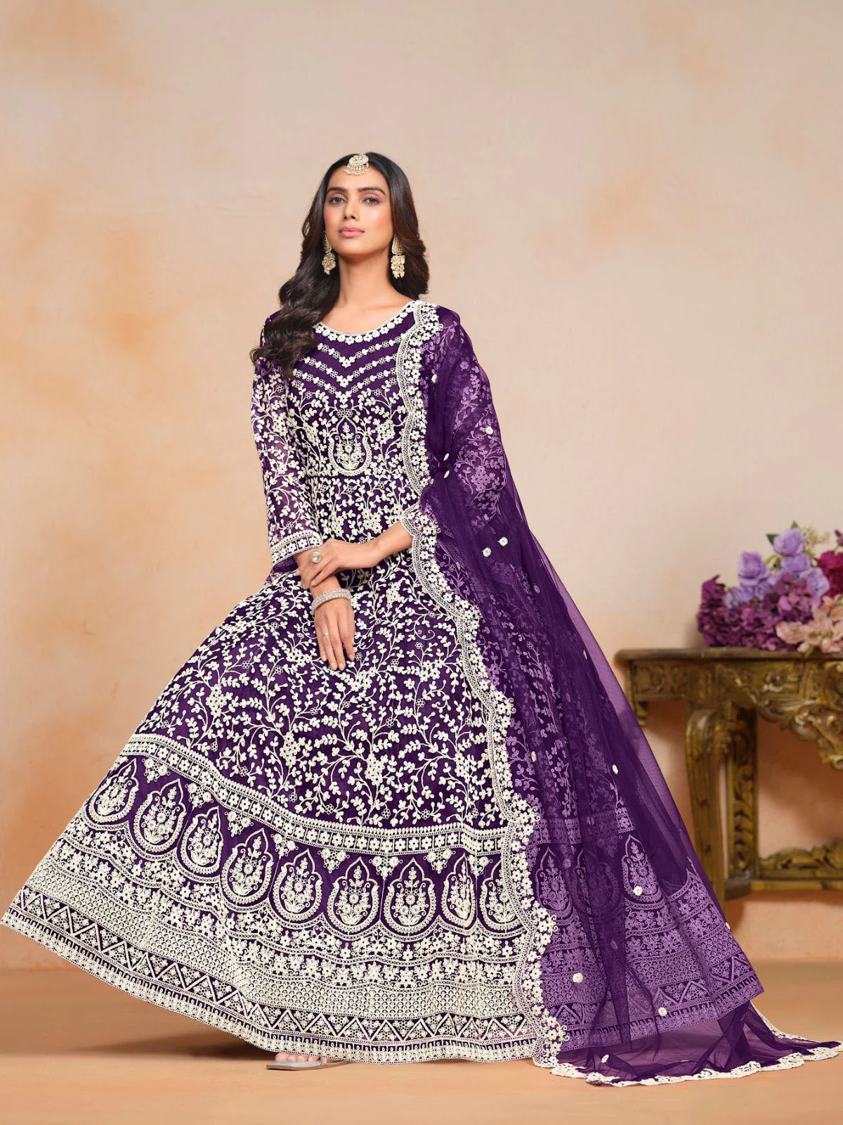 Odette Purple Embroidered Net Semi Stitched Gown With Dupatta For Women - Image 2