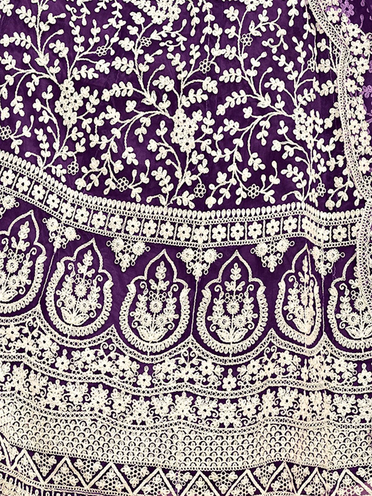 Odette Purple Embroidered Net Semi Stitched Gown With Dupatta For Women - Image 5