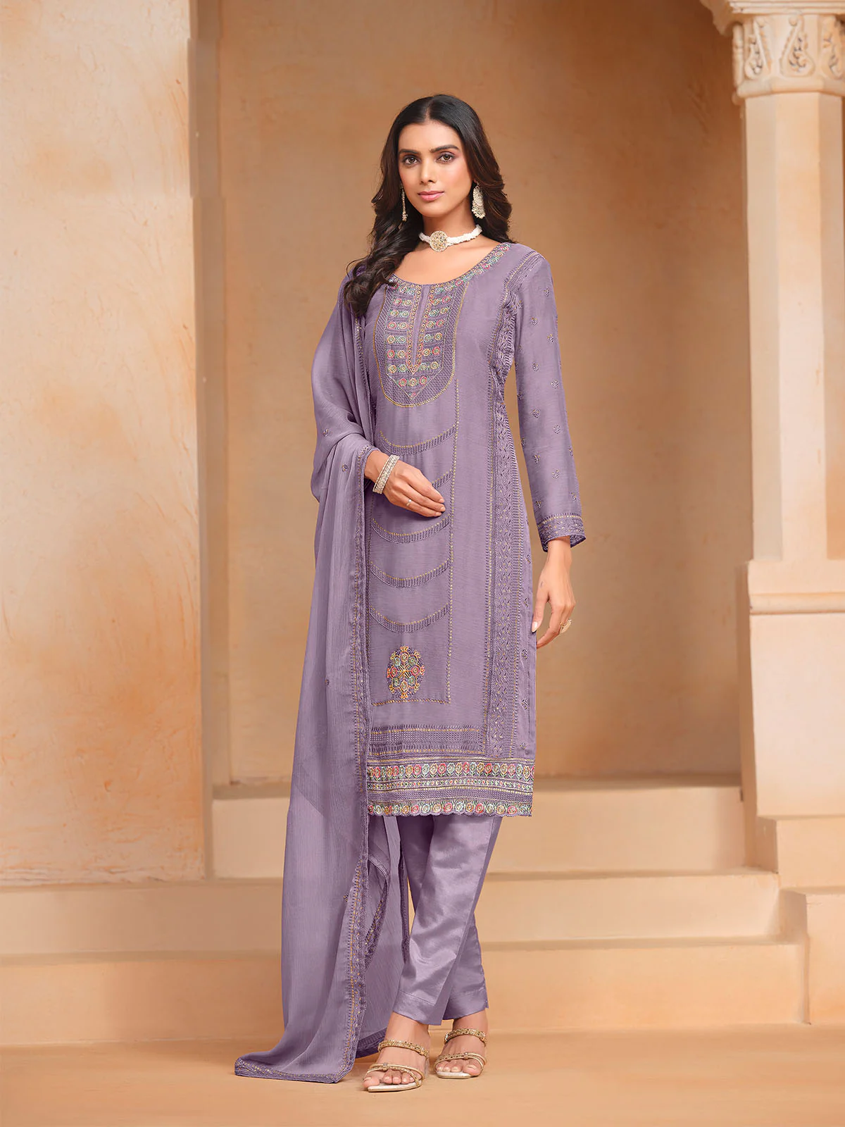 Odette Purple Embroidered Organza Semi Stitched Kurta Set With Dupatta For Women - Image 3