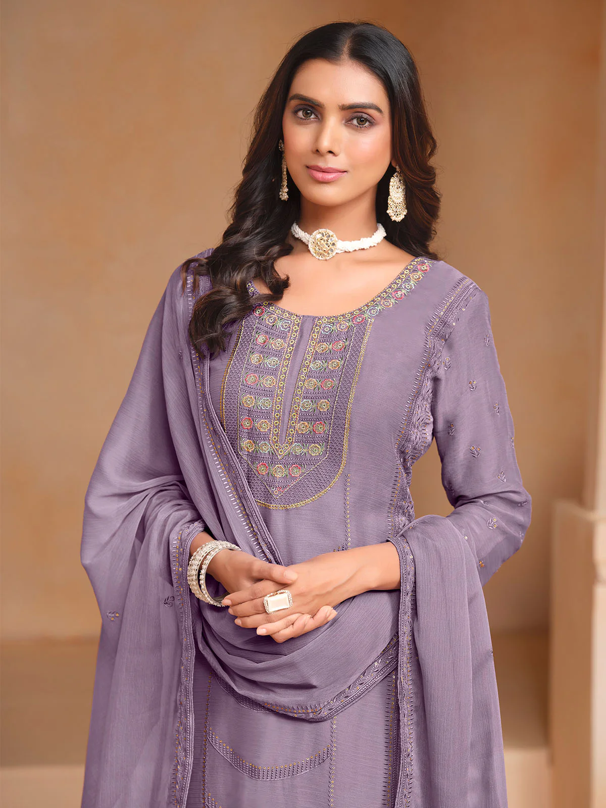 Odette Purple Embroidered Organza Semi Stitched Kurta Set With Dupatta For Women - Image 4
