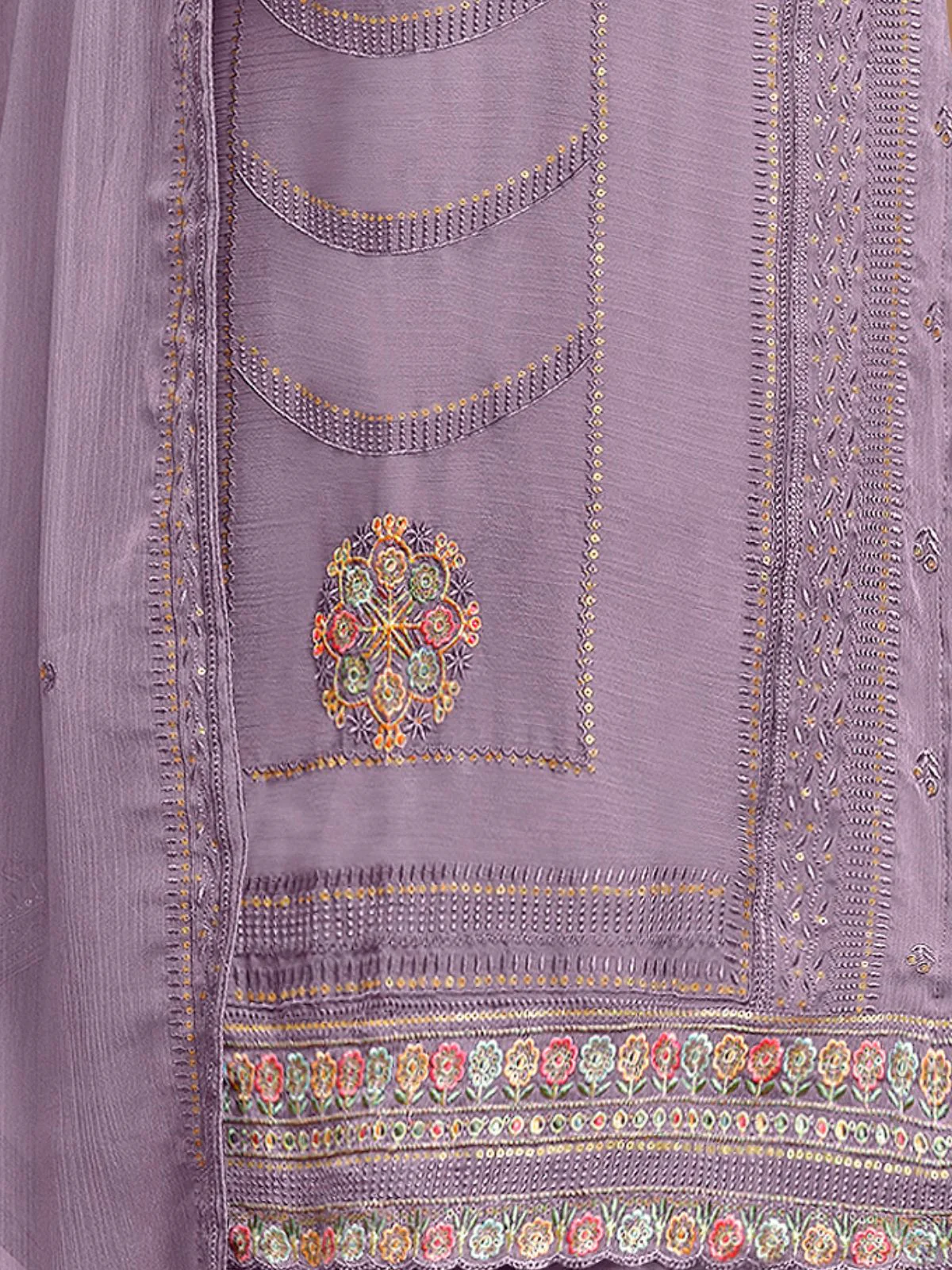 Odette Purple Embroidered Organza Semi Stitched Kurta Set With Dupatta For Women - Image 5