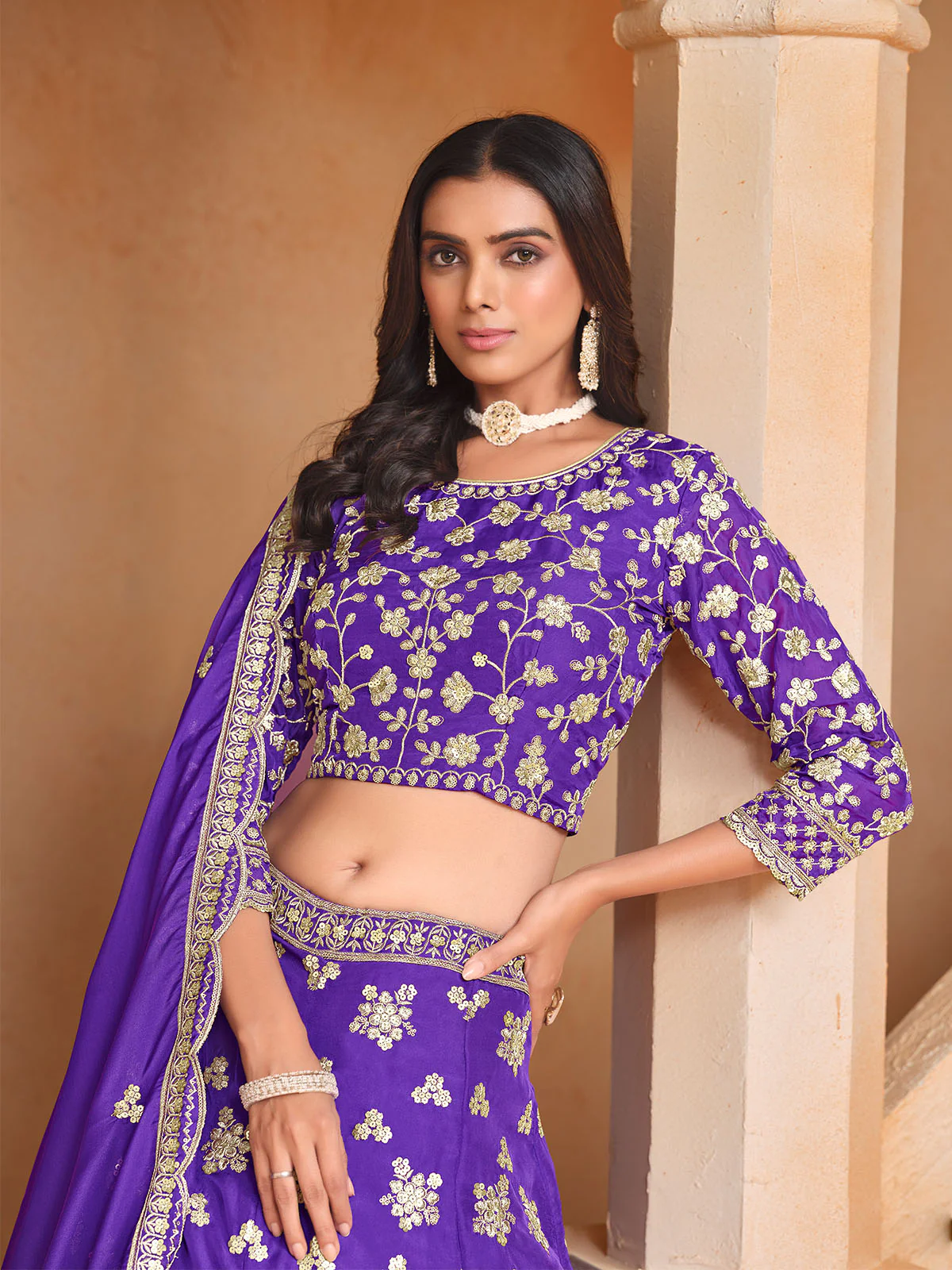 Odette Purple Embroidered Organza Semi Stitched Lehenga With Unstitched Blouse For Women - Image 3