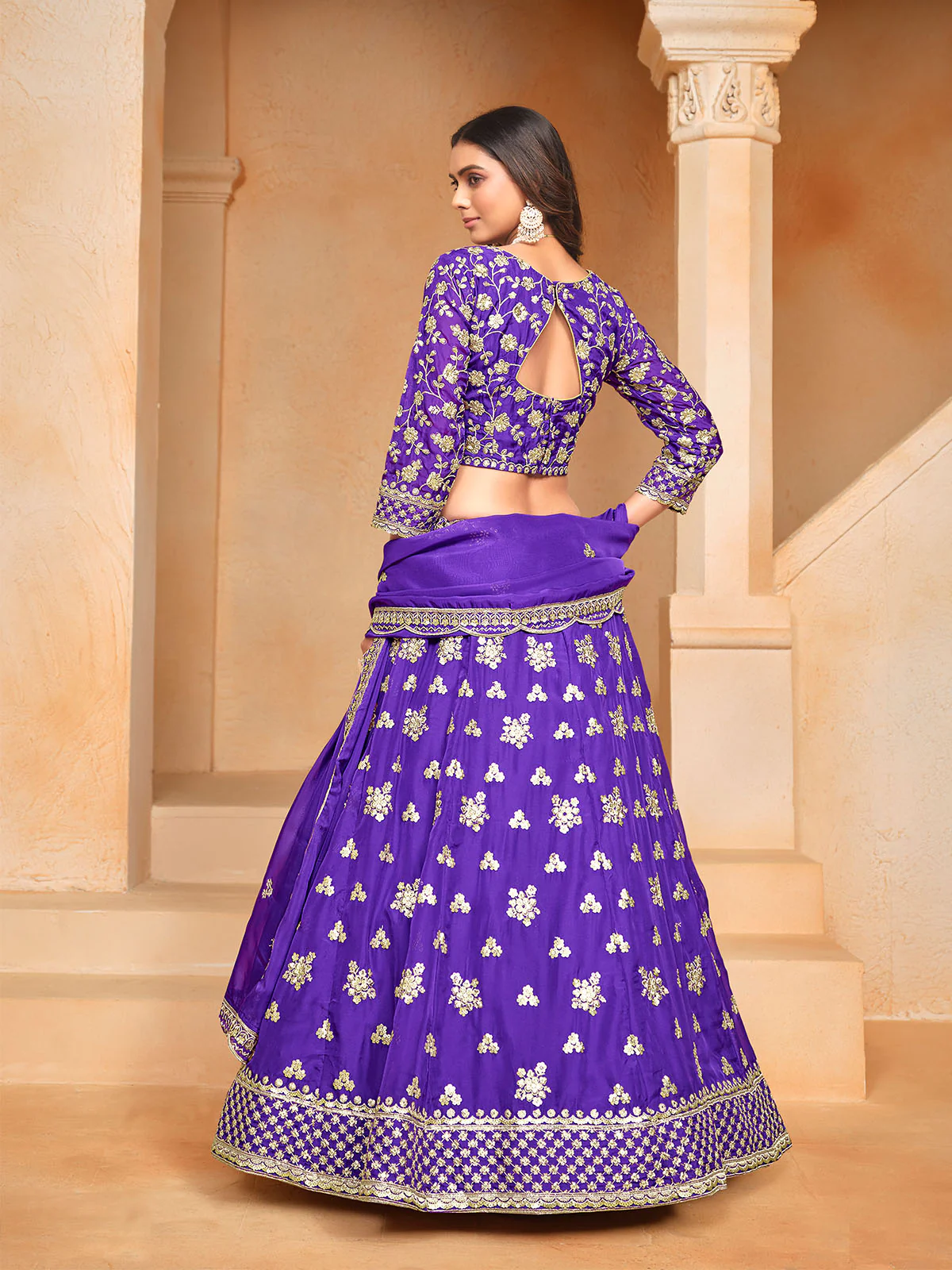 Odette Purple Embroidered Organza Semi Stitched Lehenga With Unstitched Blouse For Women - Image 4