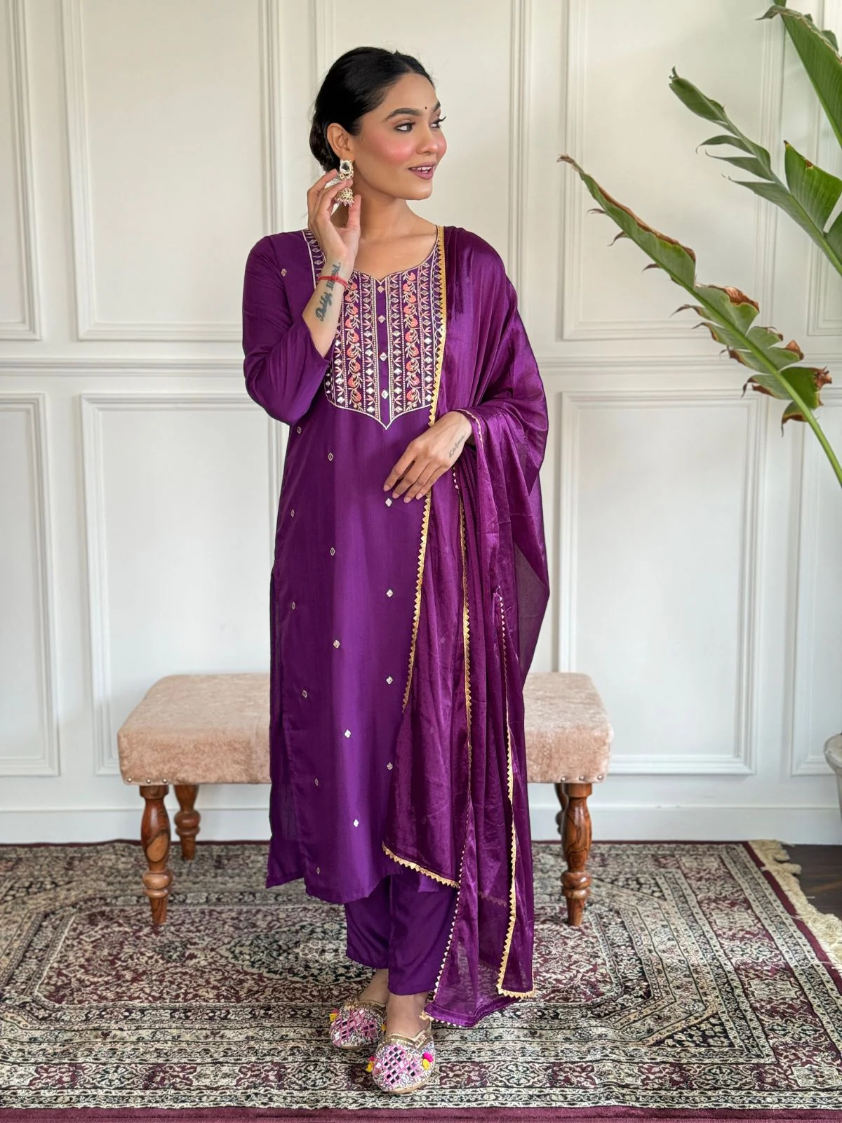 Odette Purple Embroidered Rayon Stitched Kurta Salwar Set For Women - Image 2