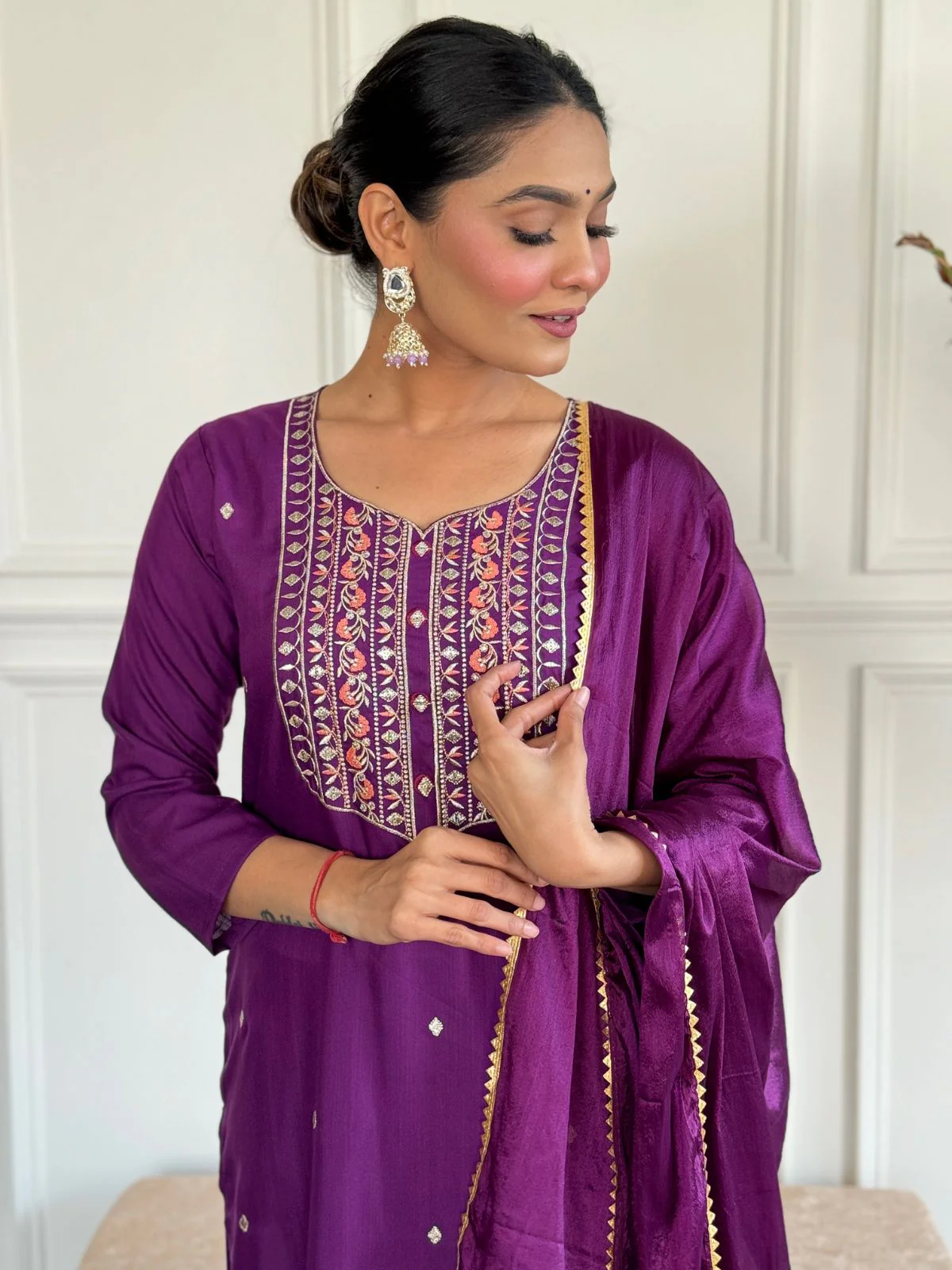 Odette Purple Embroidered Rayon Stitched Kurta Salwar Set For Women - Image 4