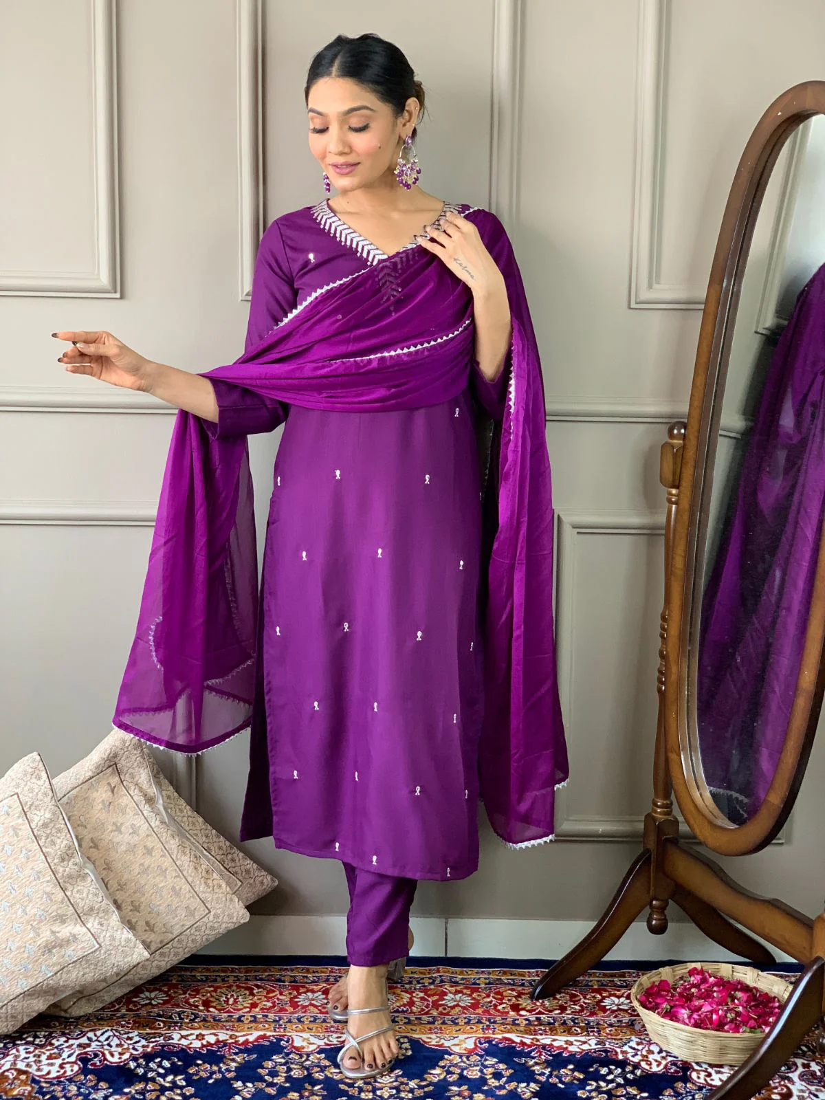Odette Purple Embroidered Rayon Stitched Kurta Set For Women - Image 2