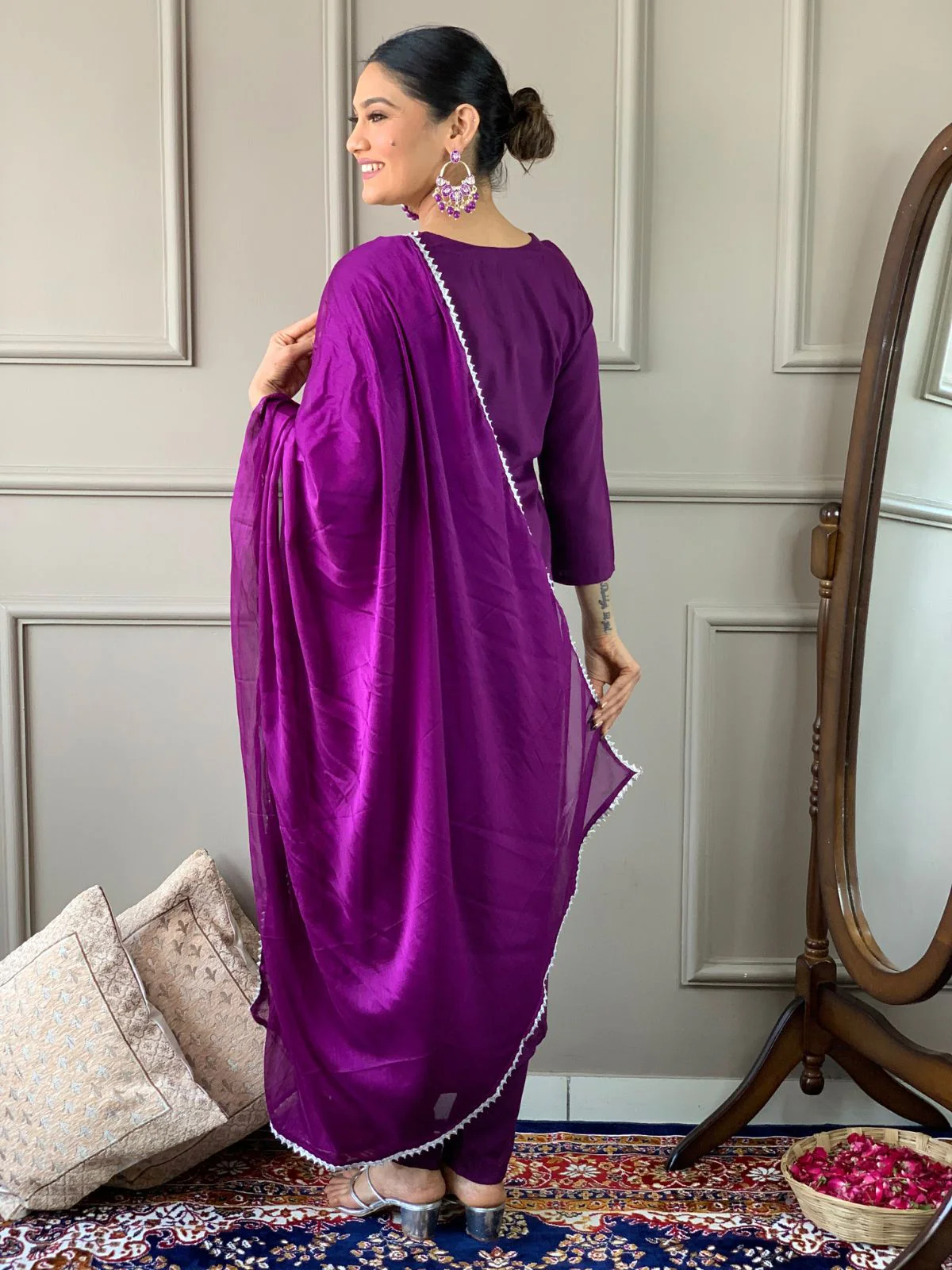 Odette Purple Embroidered Rayon Stitched Kurta Set For Women - Image 4