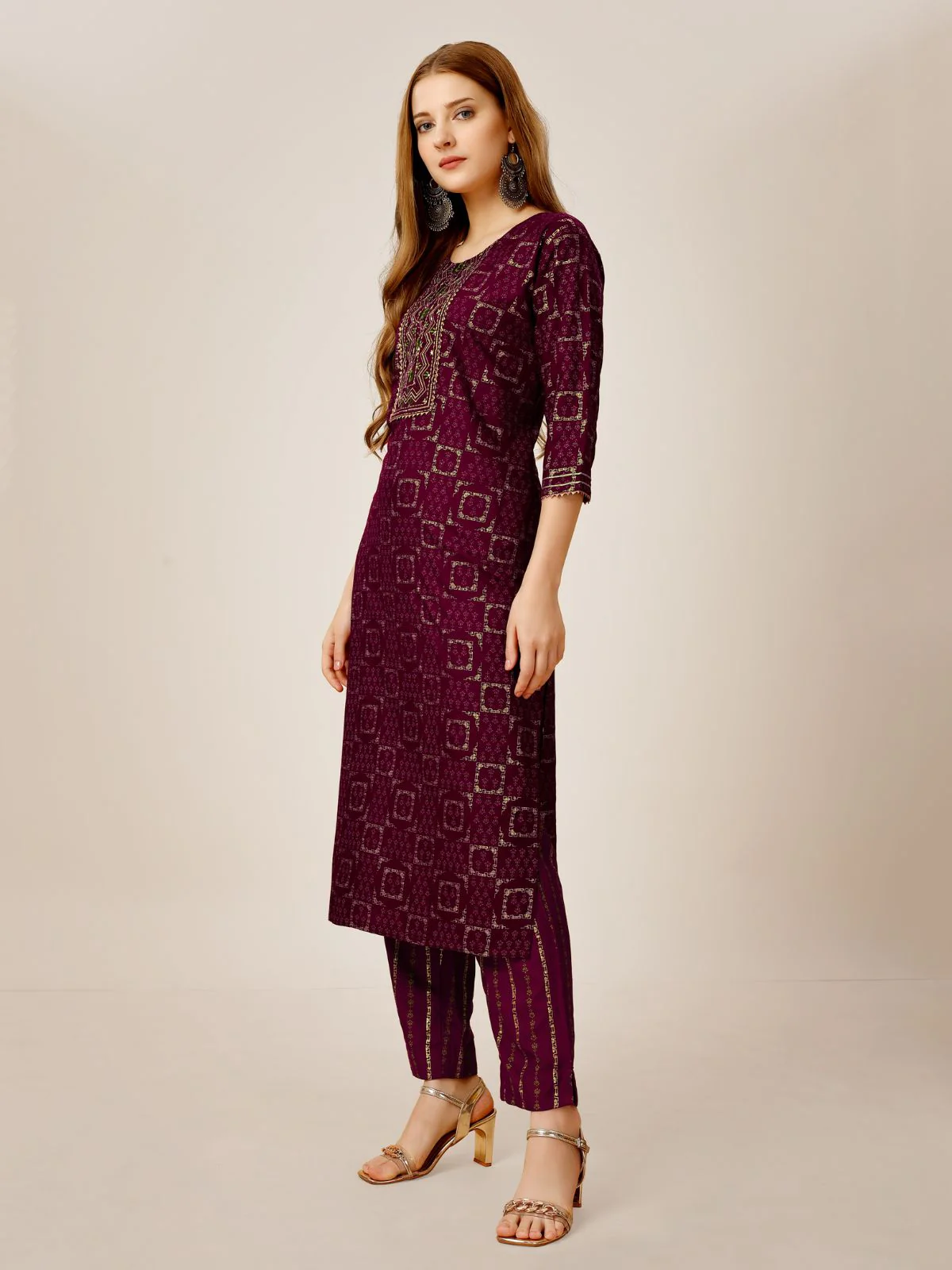 Odette Purple Embroidered Rayon Stitched Kurta Set For Women - Image 3