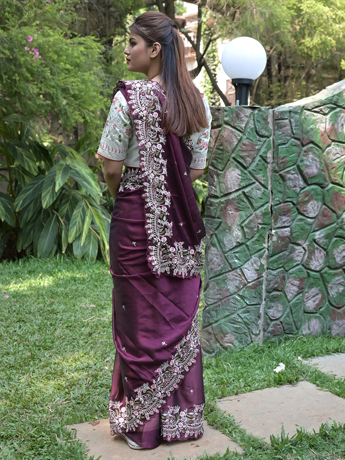 Odette Purple Embroidered Satin Georgette Saree with Unstitched Blouse for Women - Image 3