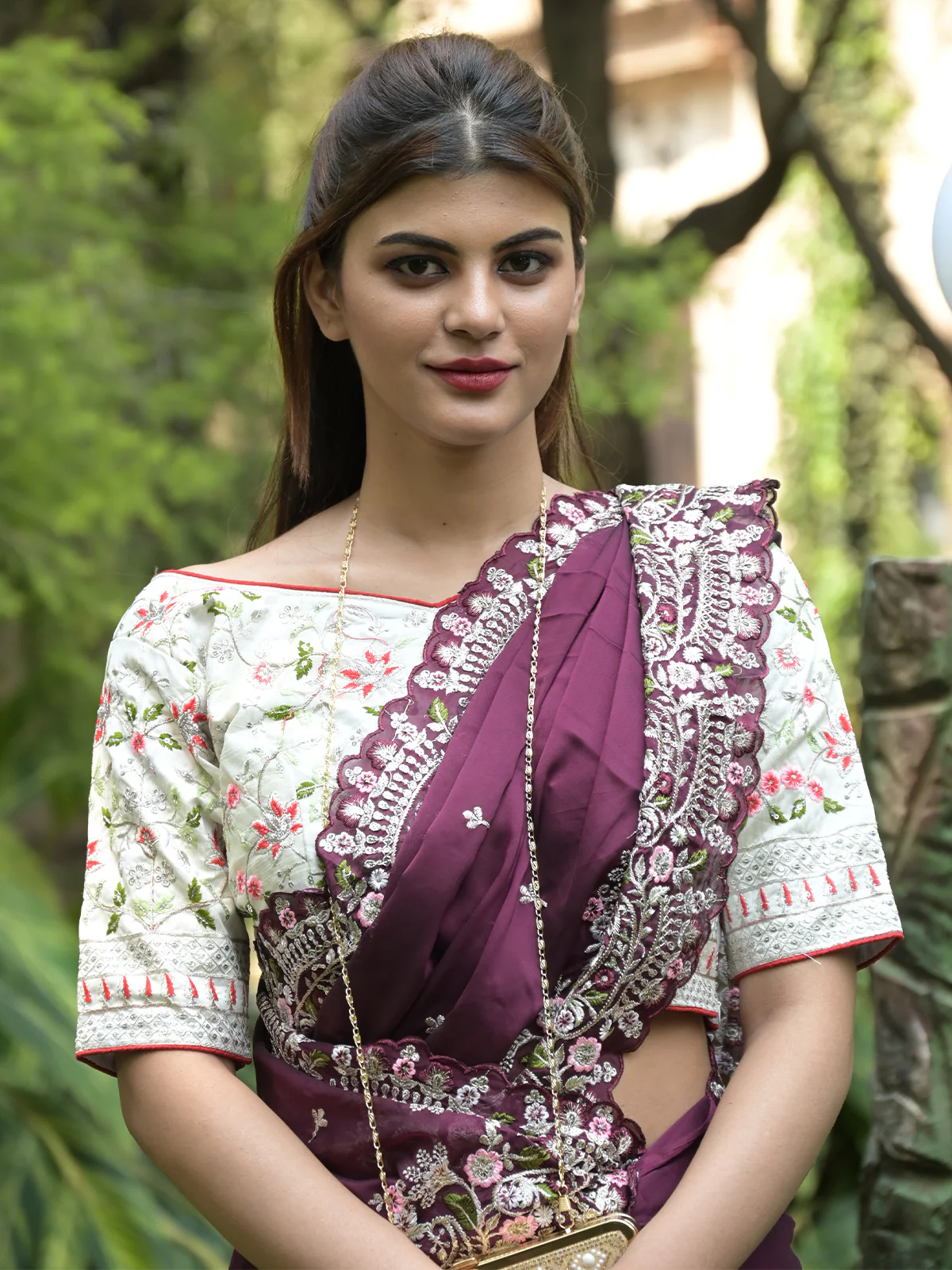 Odette Purple Embroidered Satin Georgette Saree with Unstitched Blouse for Women - Image 4