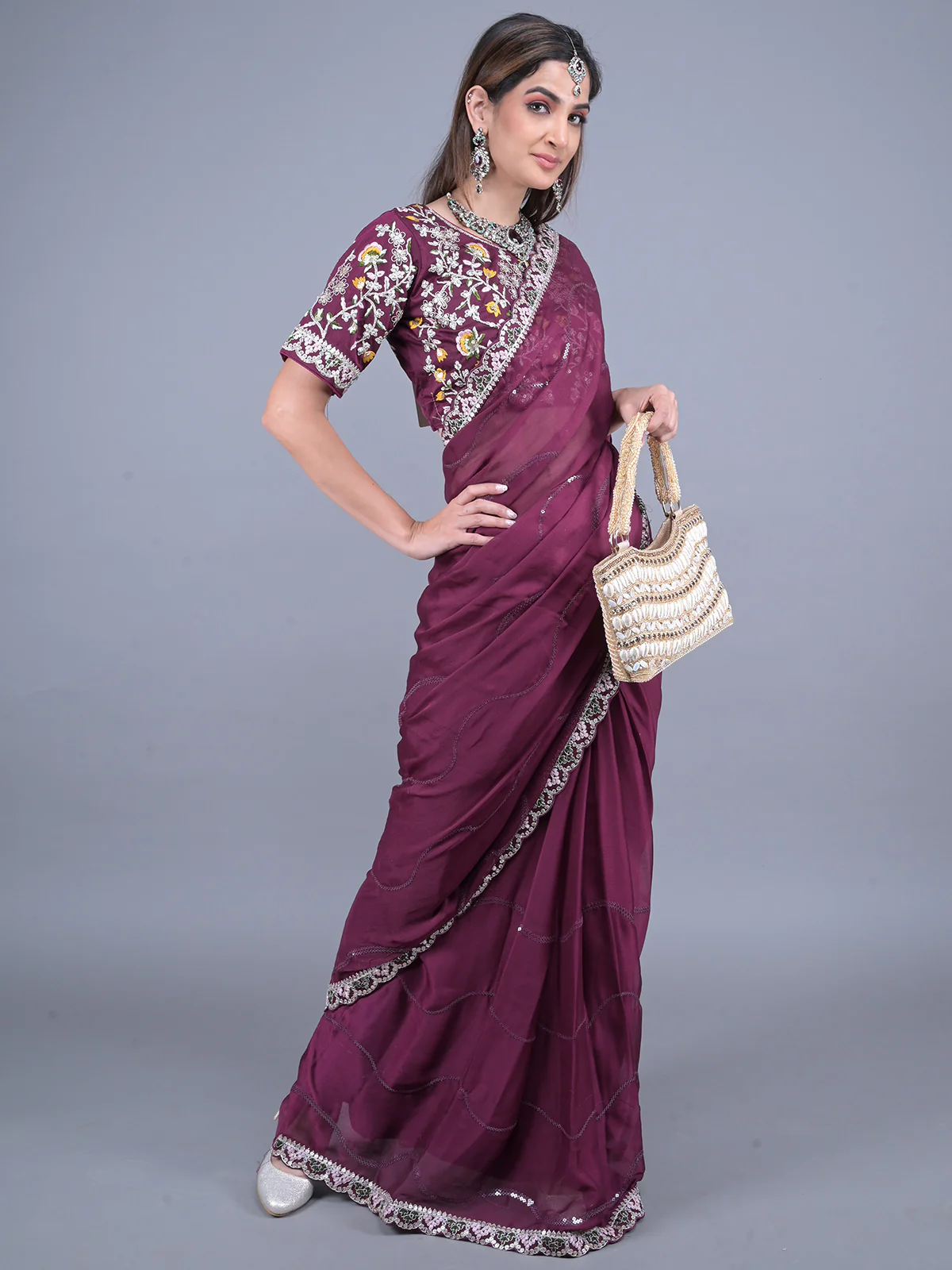 Odette Purple Embroidered Satin Rangoli Saree with Unstitched Blouse for Women - Image 2