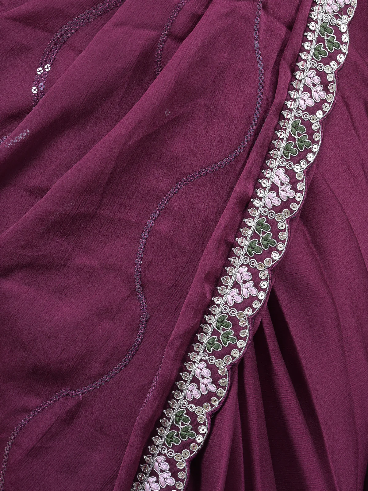 Odette Purple Embroidered Satin Rangoli Saree with Unstitched Blouse for Women - Image 5