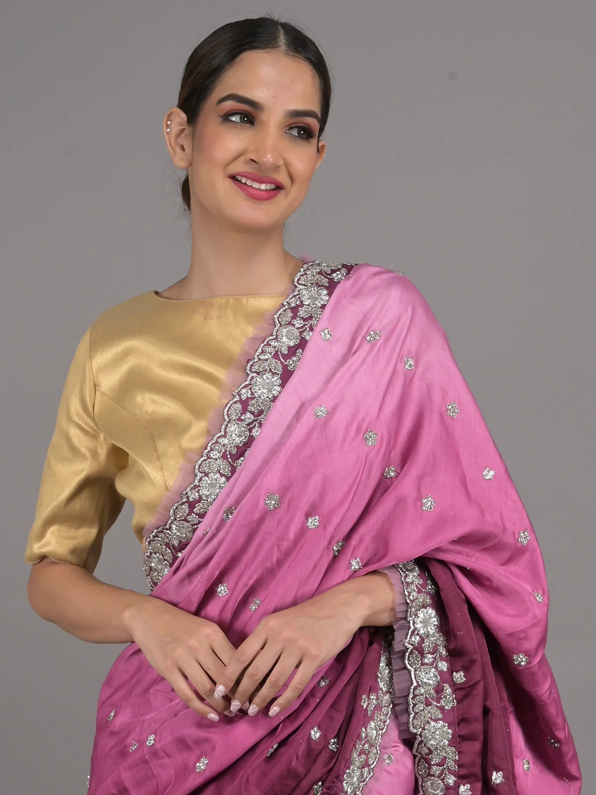 Odette Purple Embroidered Satin Saree with Unstitched Blouse for Women - Image 4