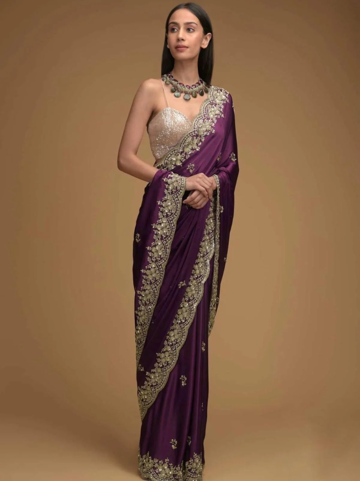 Odette Purple Embroidered Silk Blend Saree With Unstitched Blouse For Women - Image 2