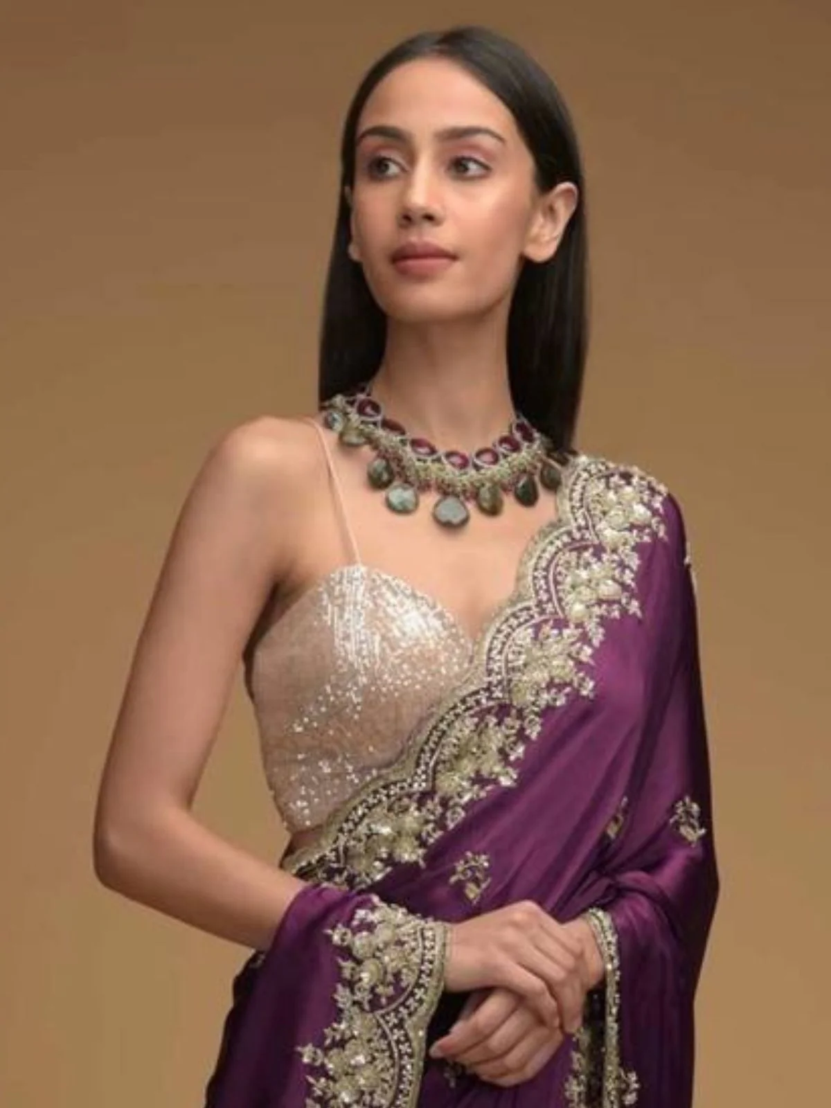 Odette Purple Embroidered Silk Blend Saree With Unstitched Blouse For Women - Image 3