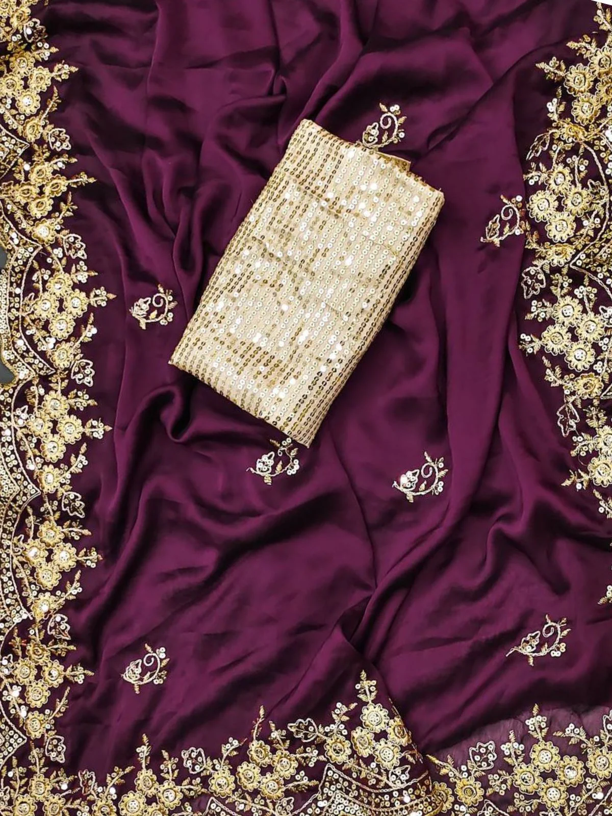 Odette Purple Embroidered Silk Blend Saree With Unstitched Blouse For Women - Image 5