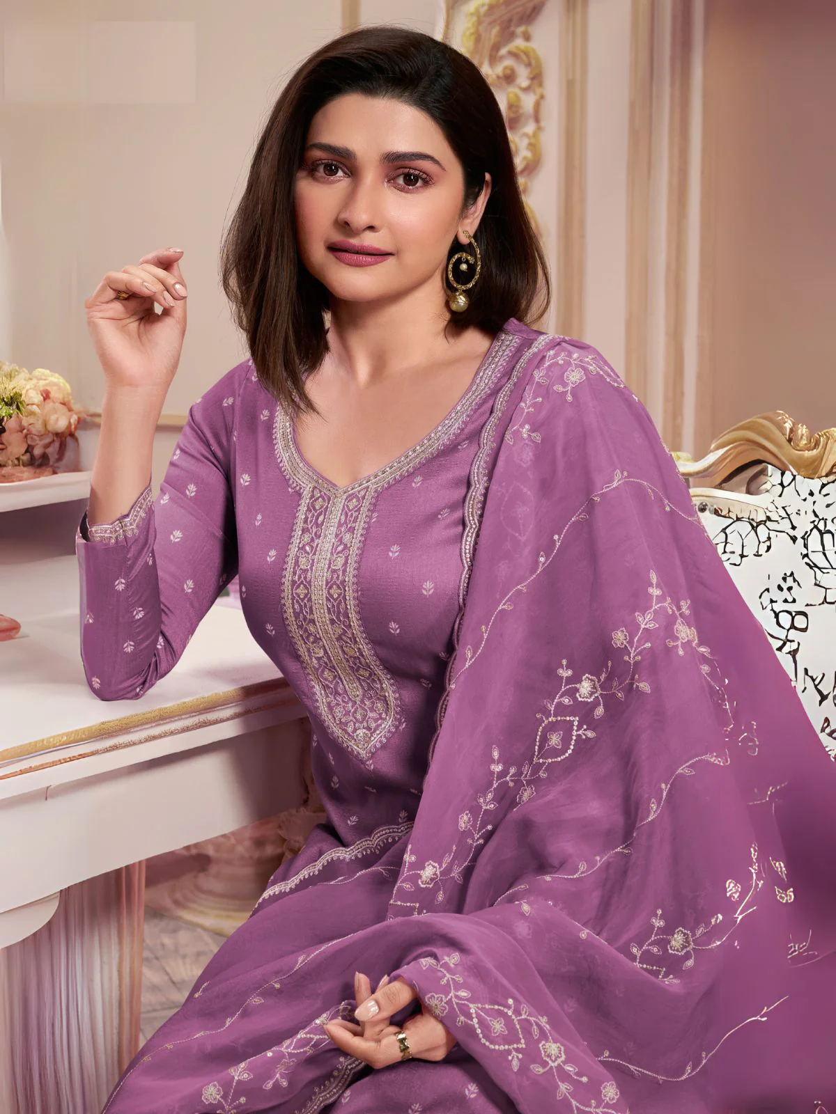 Odette Purple Embroidered Silk Blend Semi-Stitched Kurta Set  For Women - Image 2