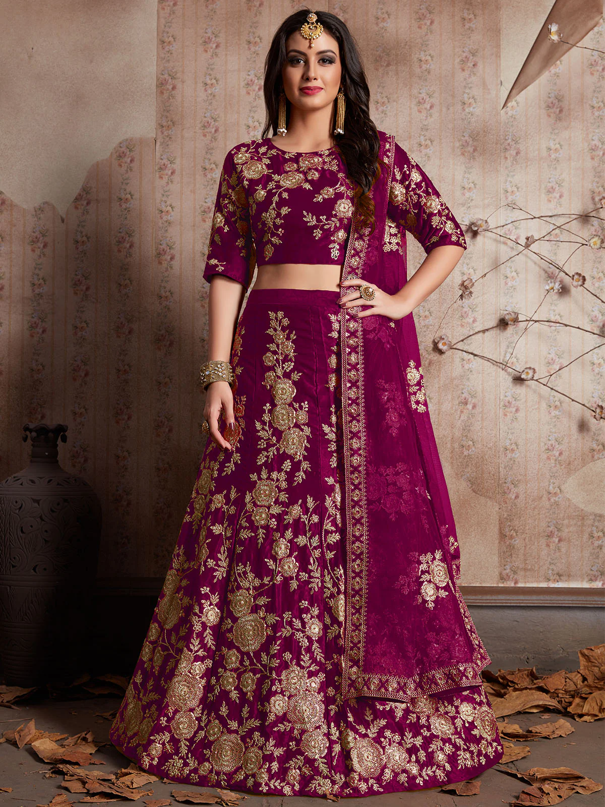 Odette Purple Embroidered Velvet Semi Stitched Lehenga With Blouse For Women - Image 2