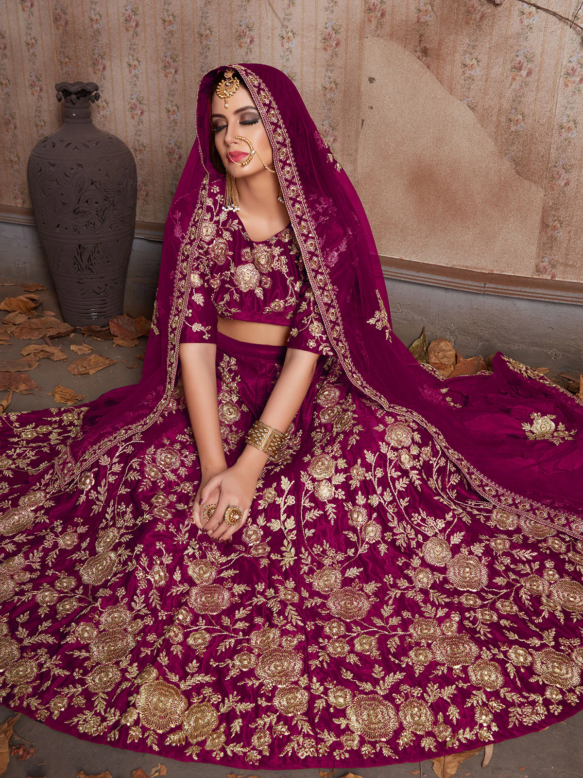 Odette Purple Embroidered Velvet Semi Stitched Lehenga With Blouse For Women - Image 3
