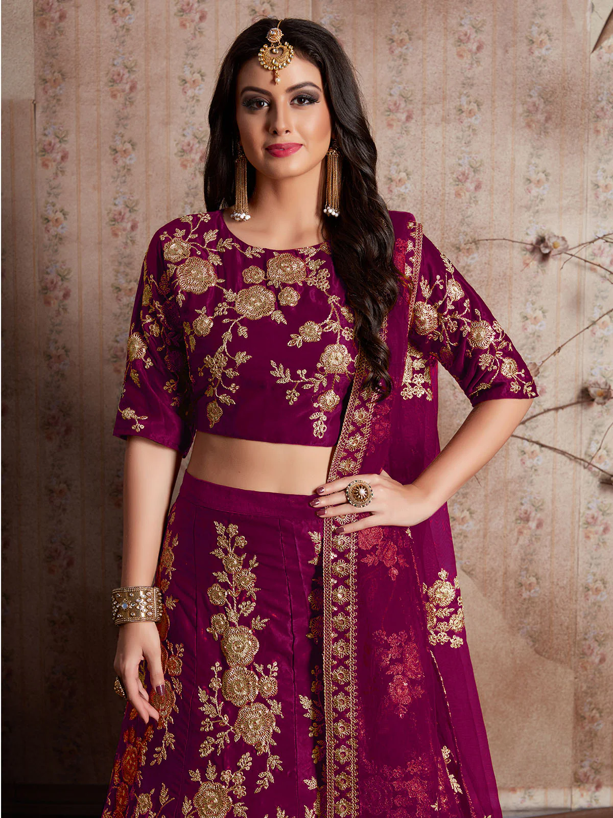 Odette Purple Embroidered Velvet Semi Stitched Lehenga With Blouse For Women - Image 4