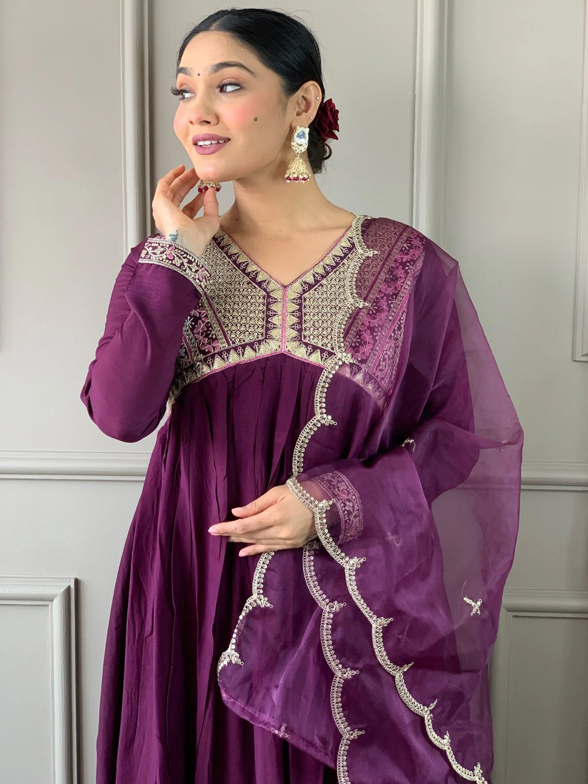 Odette Purple Embroidered Viscose Silk Stitched Kurta Salwar Set For Women - Image 3