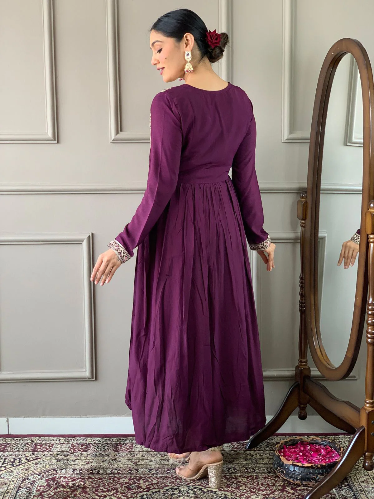 Odette Purple Embroidered Viscose Silk Stitched Kurta Salwar Set For Women - Image 4