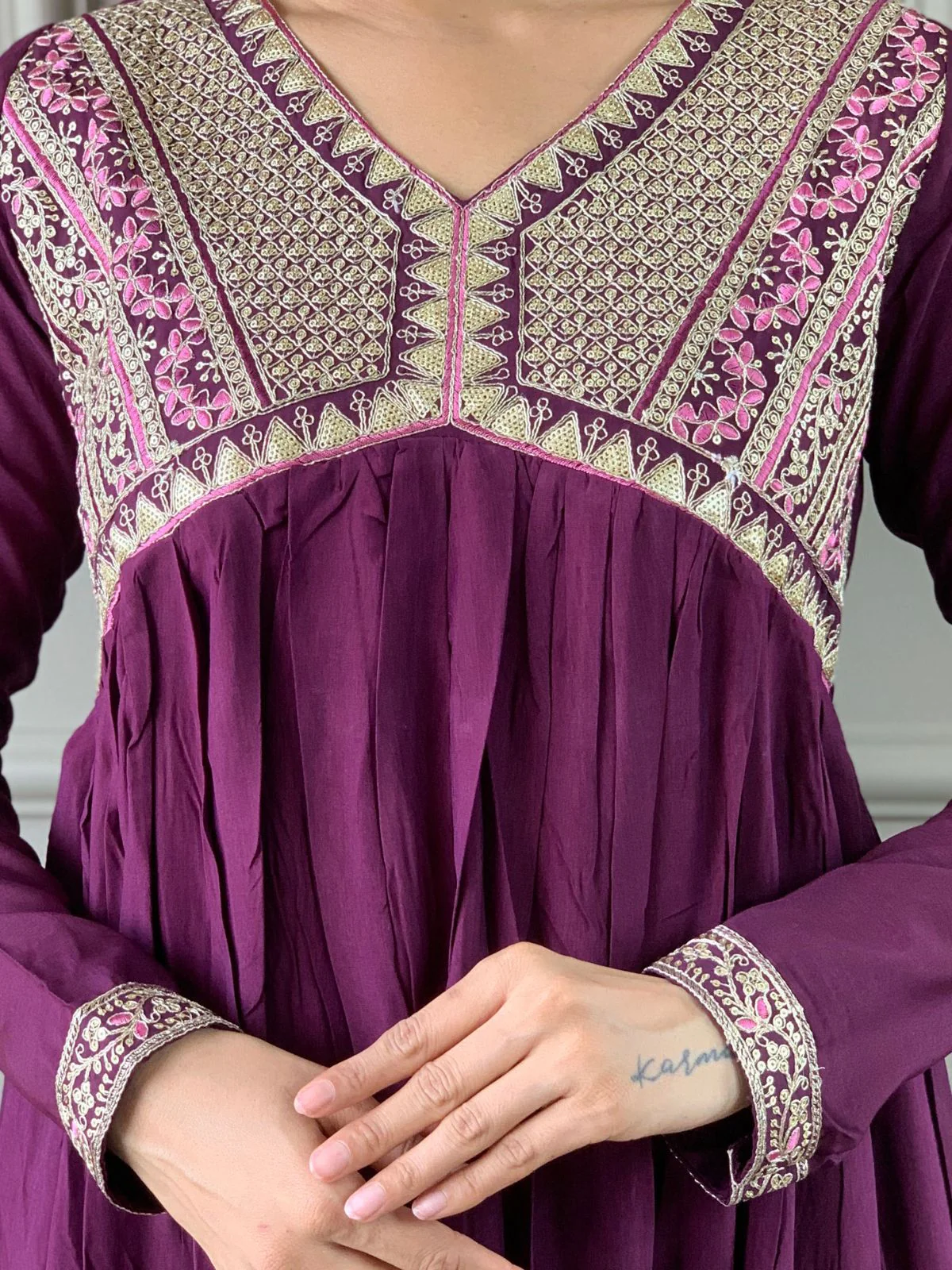 Odette Purple Embroidered Viscose Silk Stitched Kurta Salwar Set For Women - Image 5