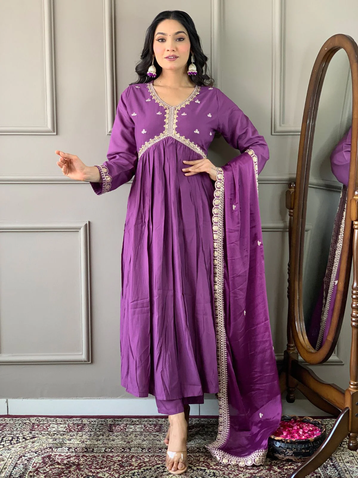 Odette Purple Embroidered Viscose Silk Stitched Kurta Salwar Set For Women - Image 2