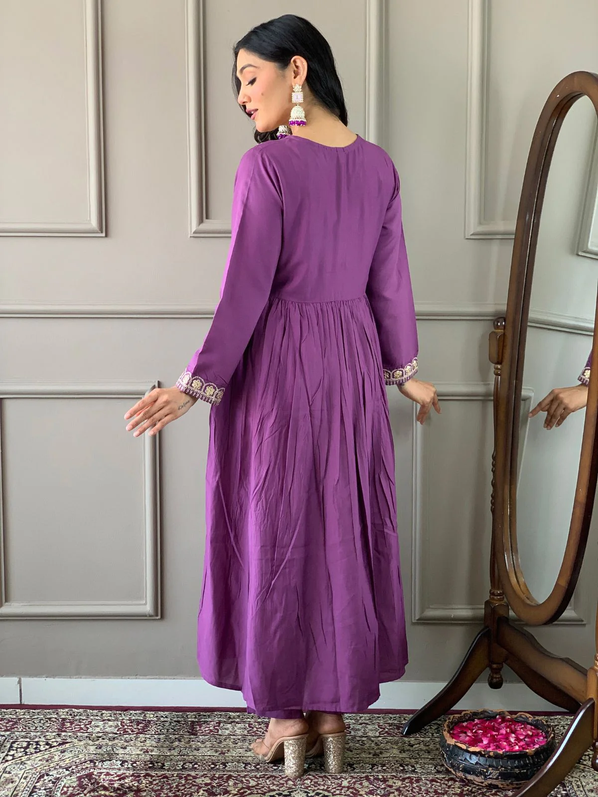 Odette Purple Embroidered Viscose Silk Stitched Kurta Salwar Set For Women - Image 4