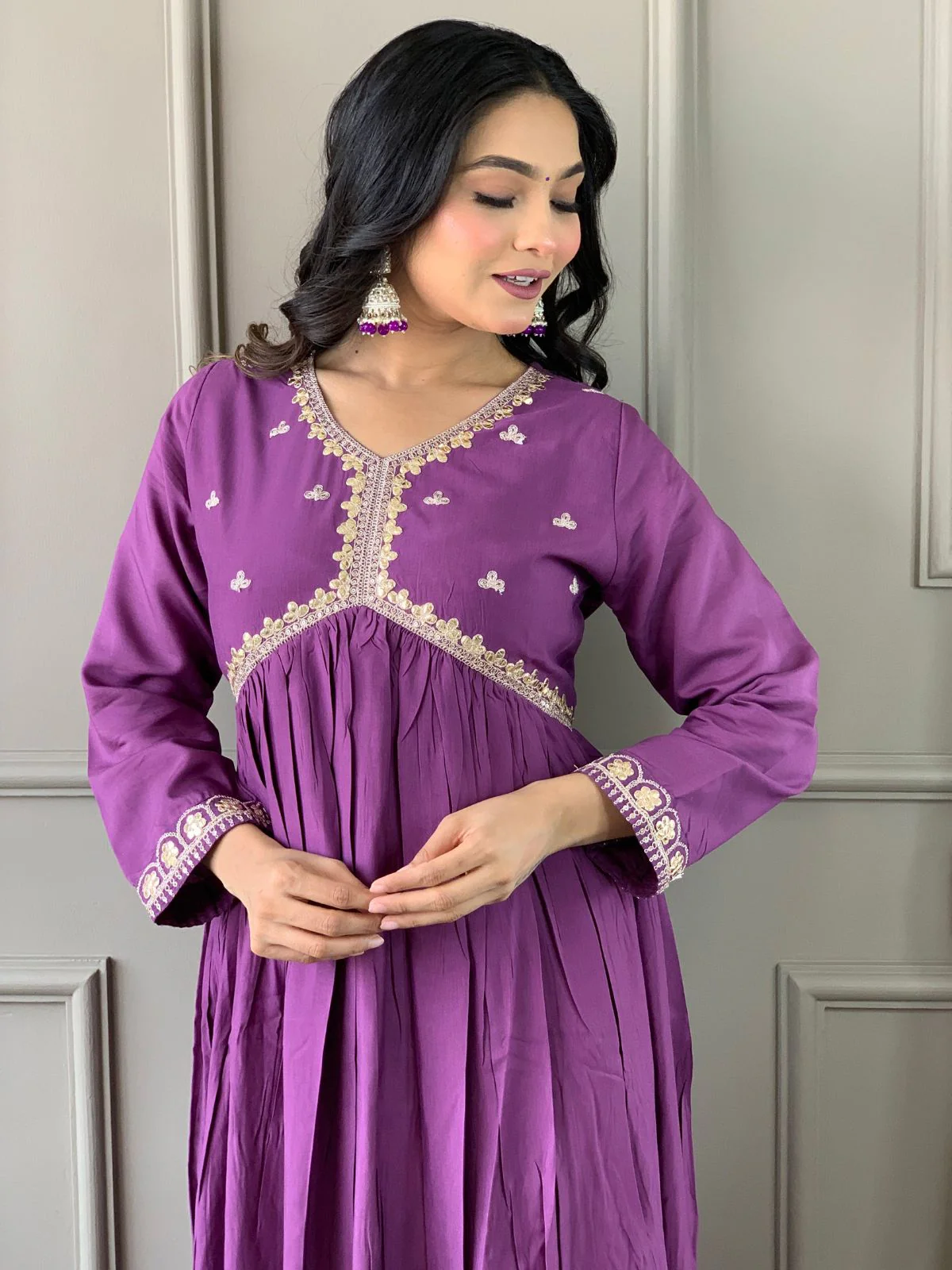 Odette Purple Embroidered Viscose Silk Stitched Kurta Salwar Set For Women - Image 5