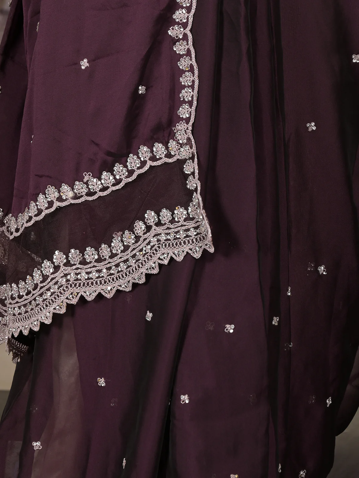 Odette Purple Faux Stone Embellished Poly Georgette Saree with Unstitched Blouse for Women - Image 4