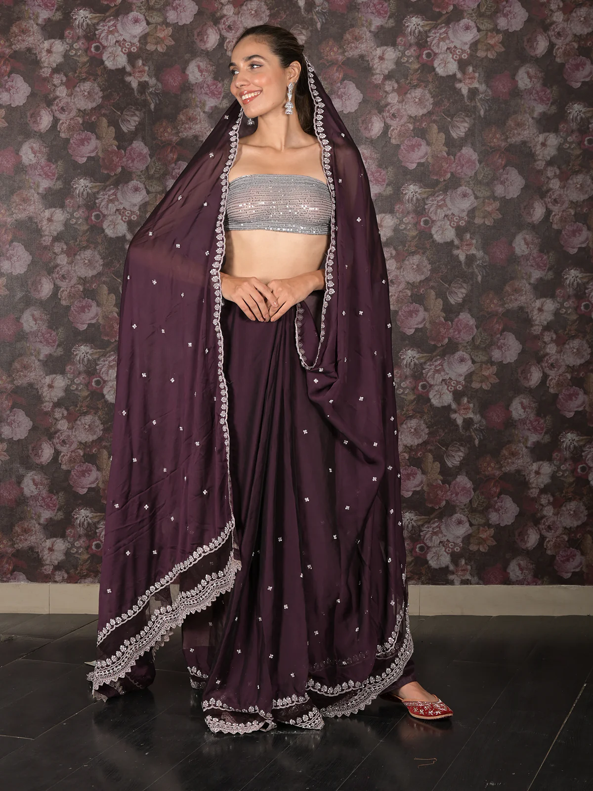 Odette Purple Faux Stone Embellished Poly Georgette Saree with Unstitched Blouse for Women - Image 5