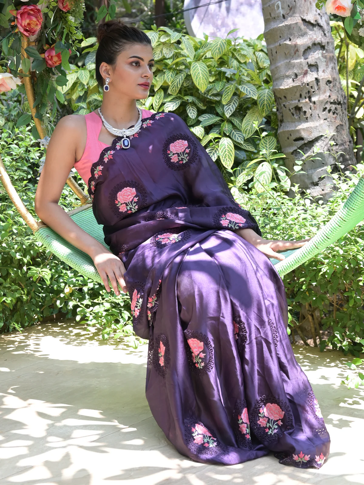 Odette Purple Floral Embroidered Georgette Saree with Unstitched Blouse for Women - Image 2