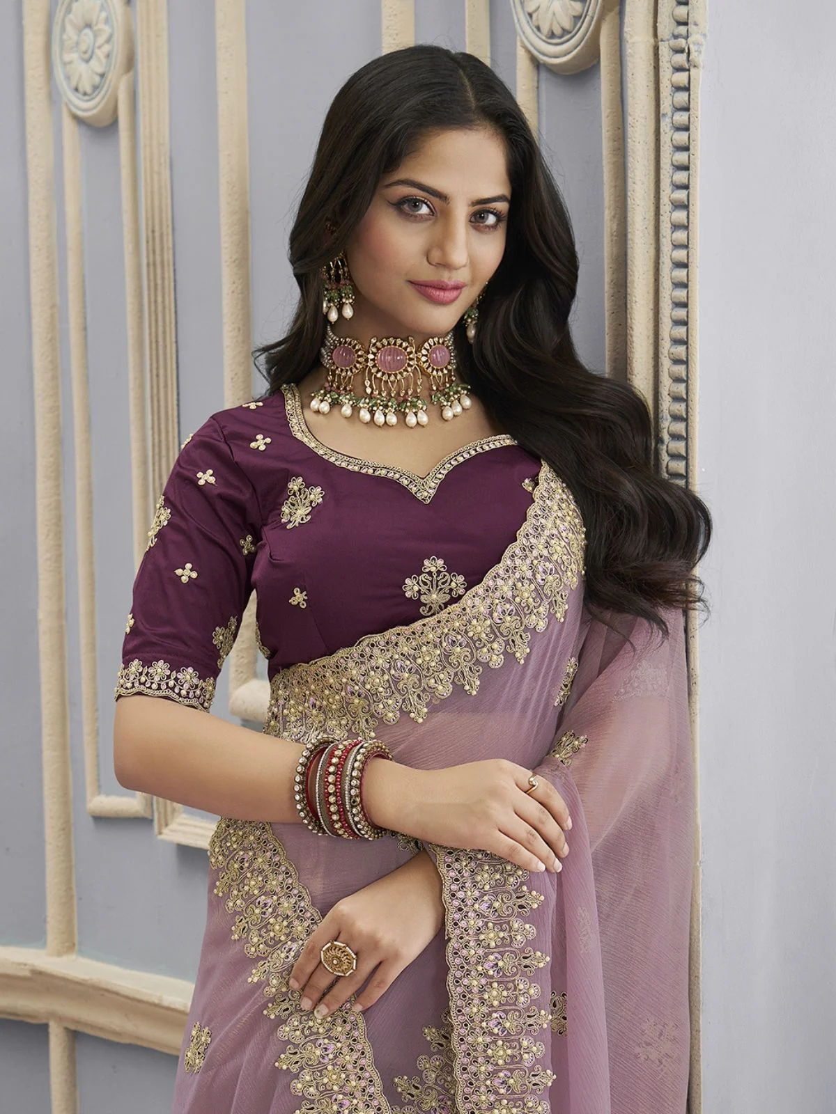 Odette Purple Georgette Crush Embellished Elegant Saree For Women - Image 2