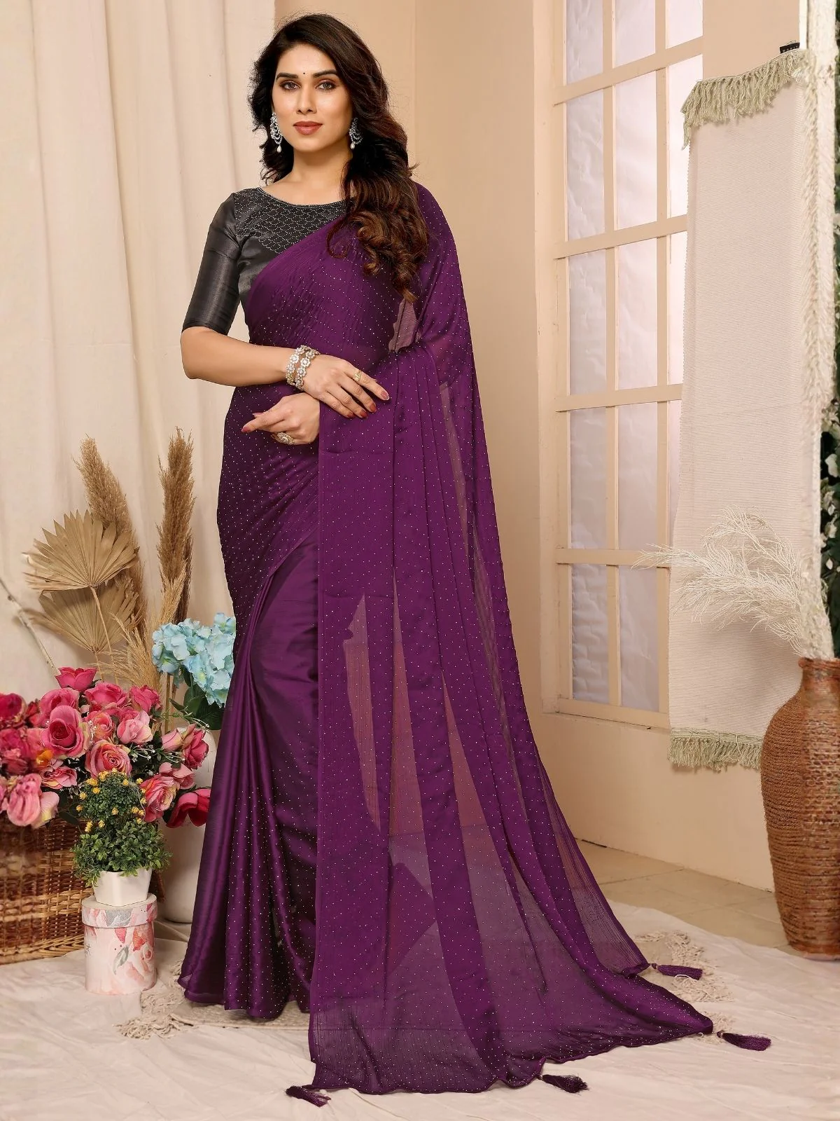Odette Purple Georgette Embellished Saree For Women