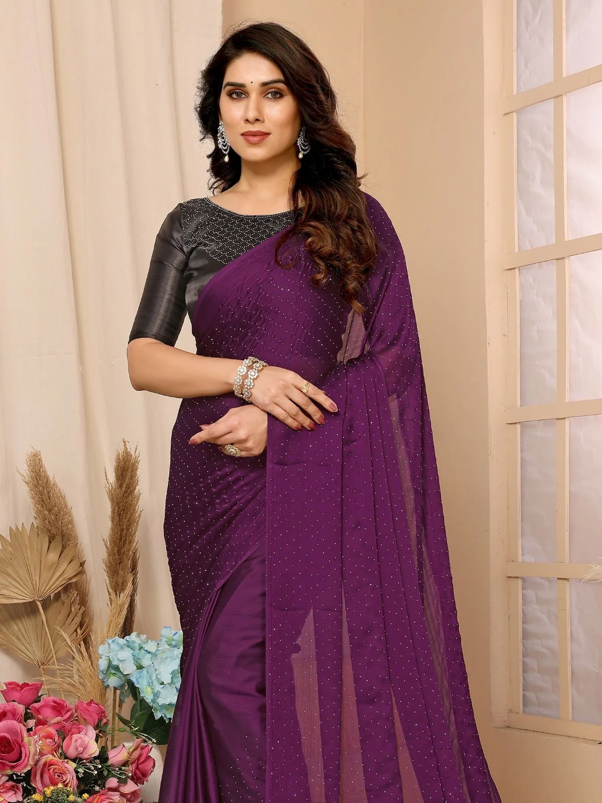 Odette Purple Georgette Embellished Saree For Women - Image 4