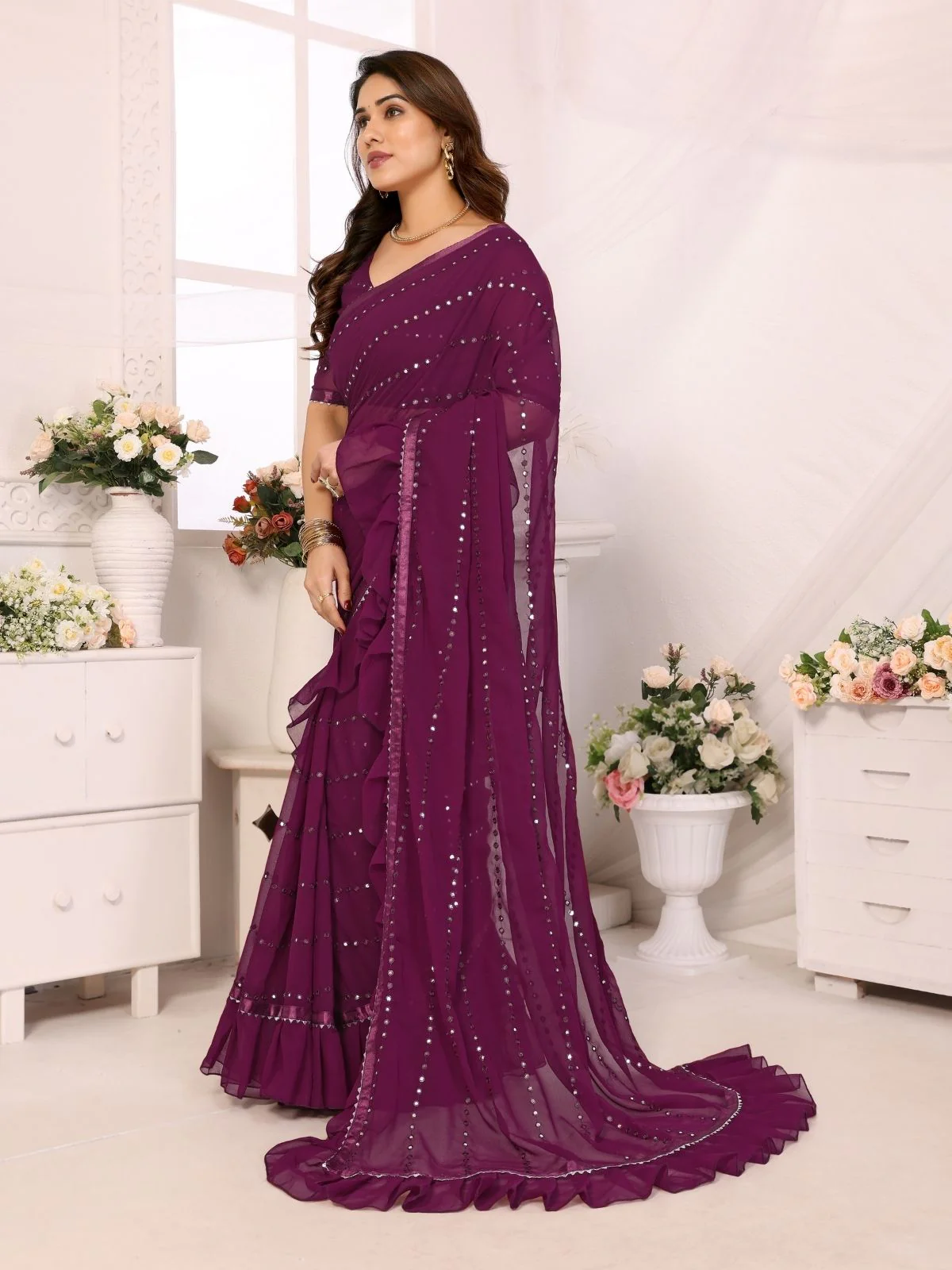 Odette Purple Georgette Embellished Saree For Women - Image 2