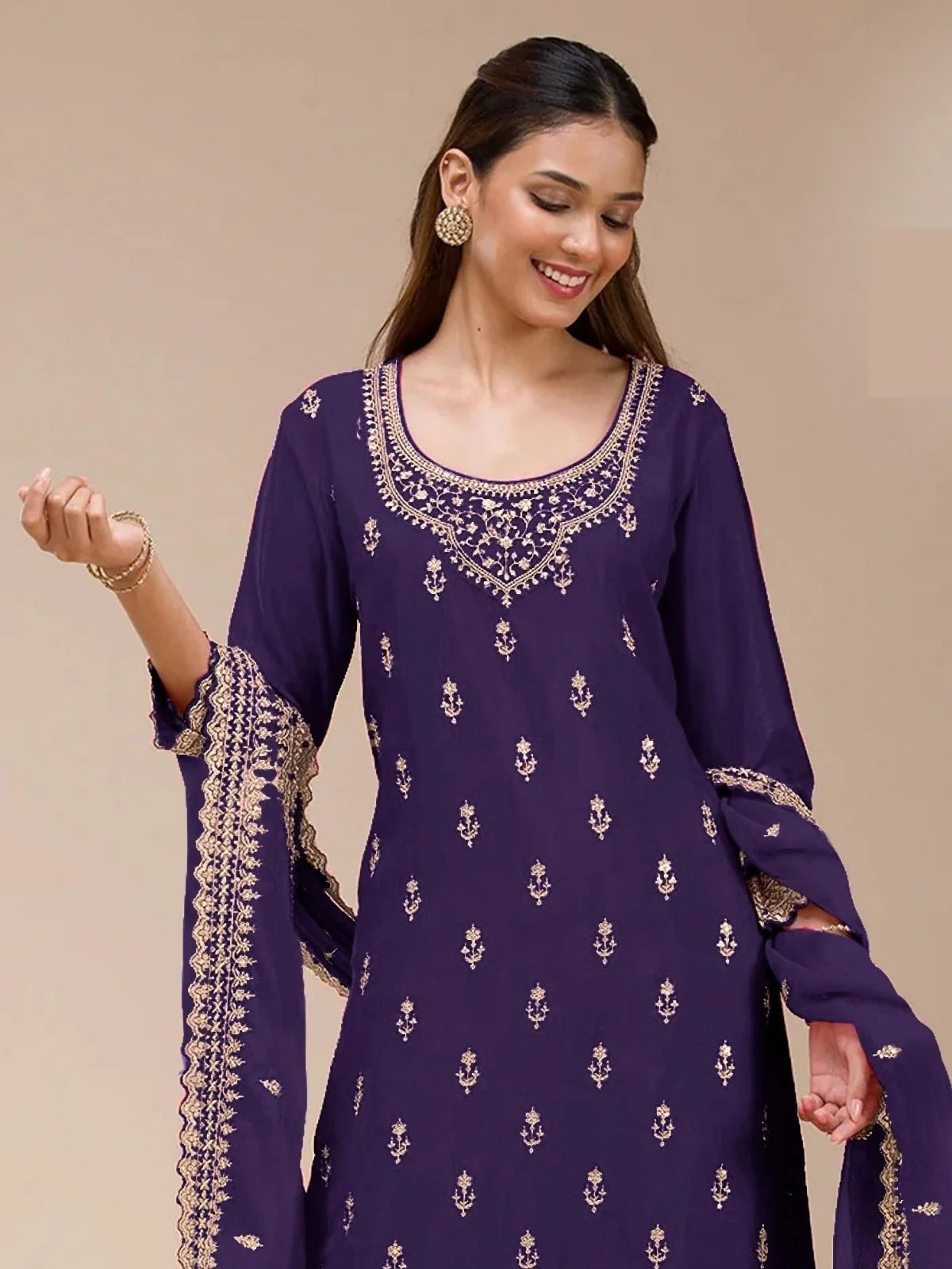 Odette Purple Georgette Embellished Semi Stitched Kurta Set For Women - Image 2