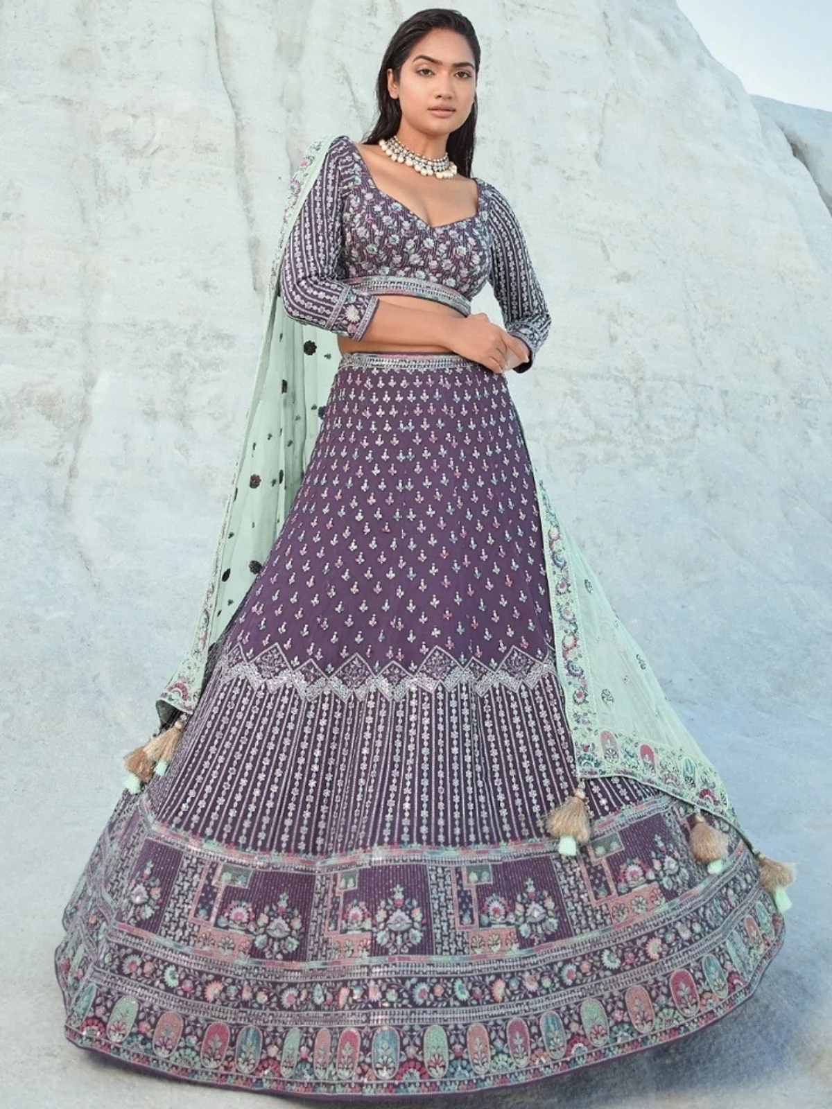 Odette Purple Georgette Embellished Semi-Stitched lehenga For Women