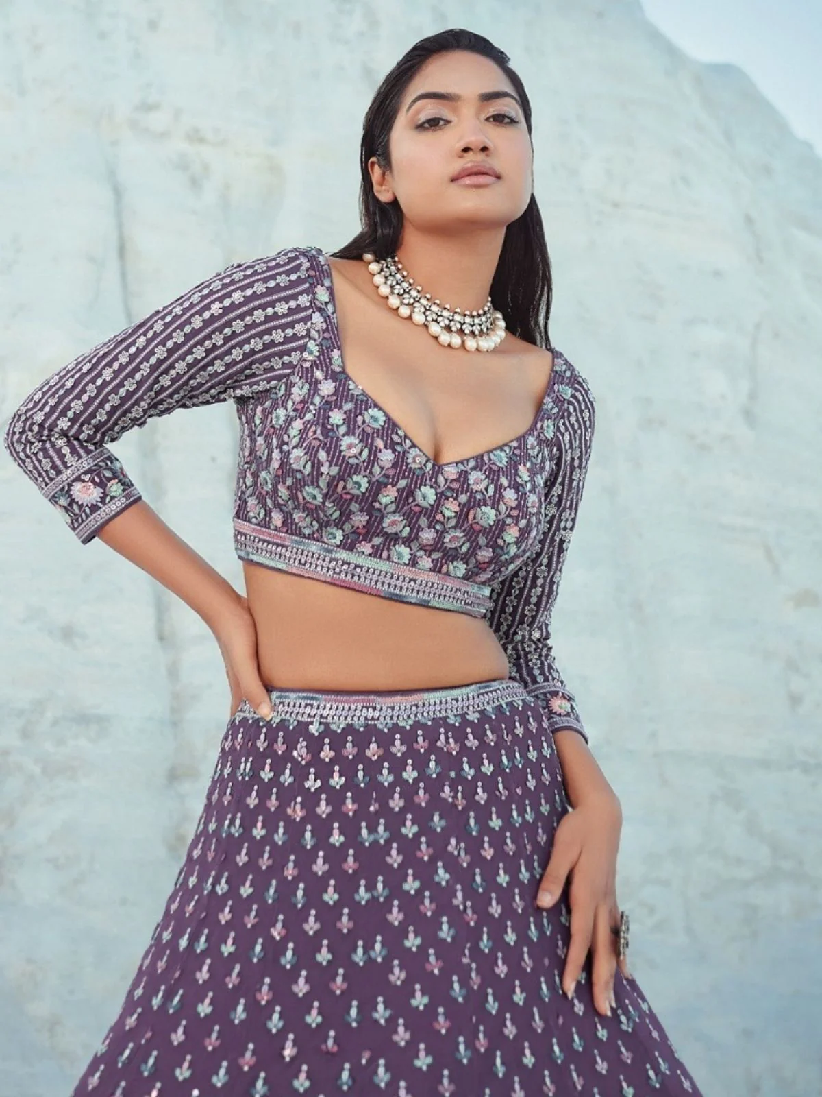 Odette Purple Georgette Embellished Semi-Stitched lehenga For Women - Image 3